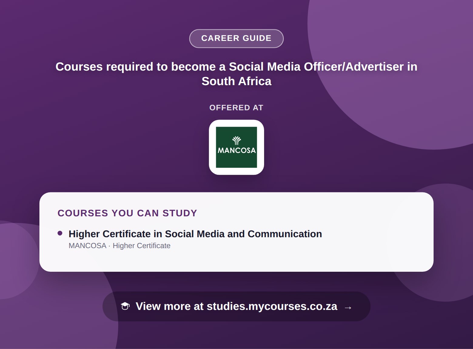 Poster listing courses to become a Social Media Officer/Advertiser in South Africa, offered at MANCOSA, with a link to studies.mycourses.co.za