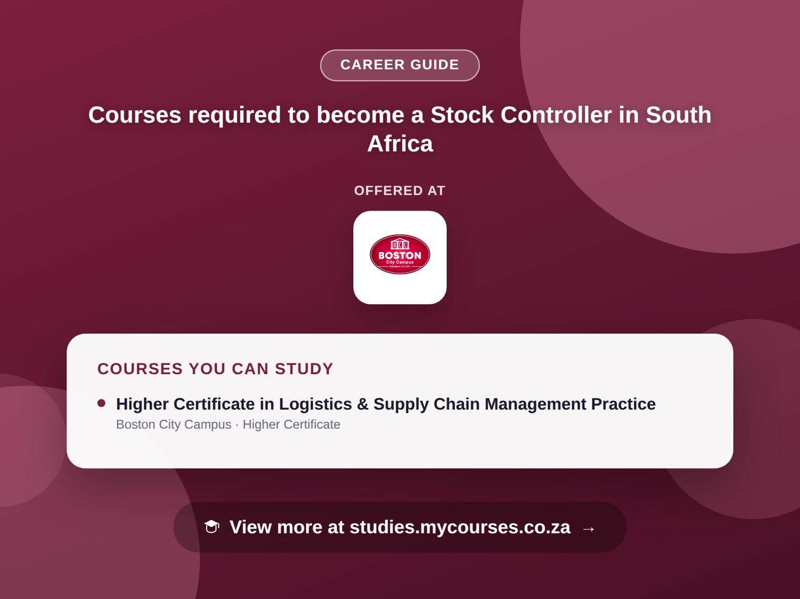 Poster listing courses to become a Stock Controller in South Africa, offered at Boston City Campus and Brooklyn City College, with a link to studies.mycourses.co.za