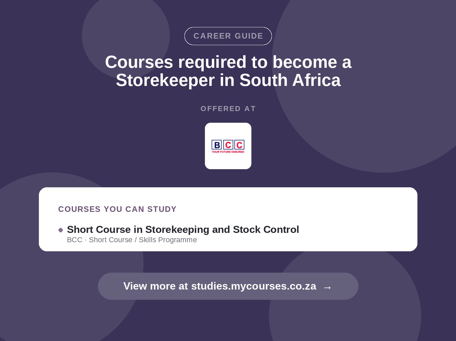 Poster listing courses to become a Storekeeper in South Africa, offered at Brooklyn City College, with a link to studies.mycourses.co.za