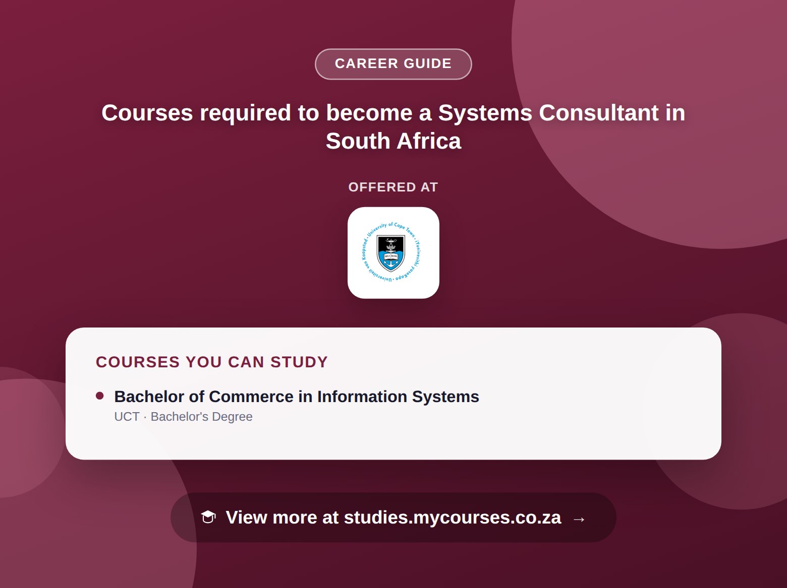Poster listing courses to become a Systems Consultant in South Africa, offered at University of Cape Town, with a link to studies.mycourses.co.za