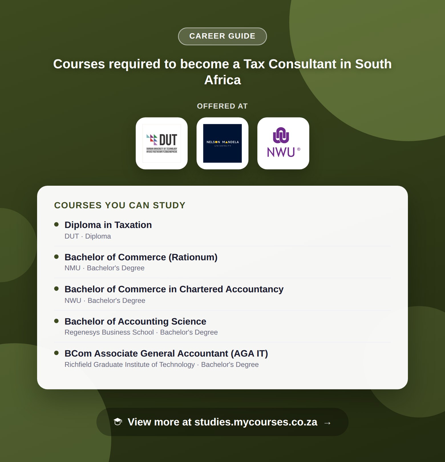Poster listing courses to become a Tax Consultant in South Africa, offered at Durban University of Technology, Nelson Mandela University and North-West University, with a link to studies.mycourses.co.za