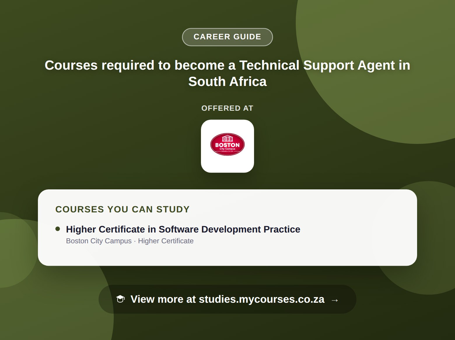 Poster listing courses to become a Technical Support Agent in South Africa, offered at Boston City Campus, with a link to studies.mycourses.co.za
