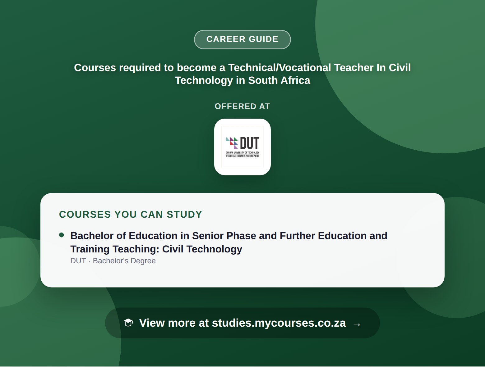 Poster listing courses to become a Technical/Vocational Teacher In Civil Technology in South Africa, offered at Durban University of Technology, with a link to studies.mycourses.co.za