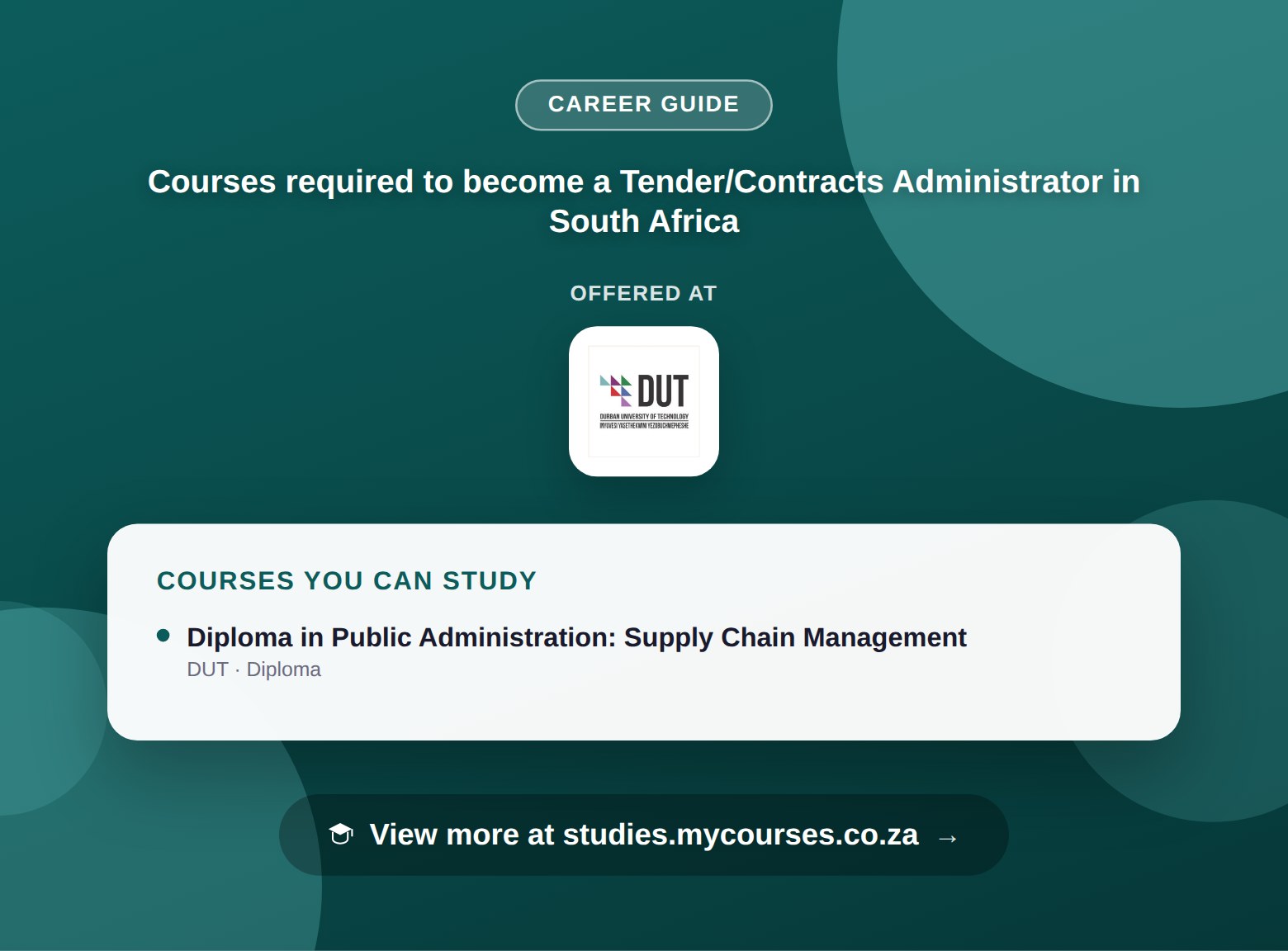 Poster listing courses to become a Tender/Contracts Administrator in South Africa, offered at Durban University of Technology, with a link to studies.mycourses.co.za