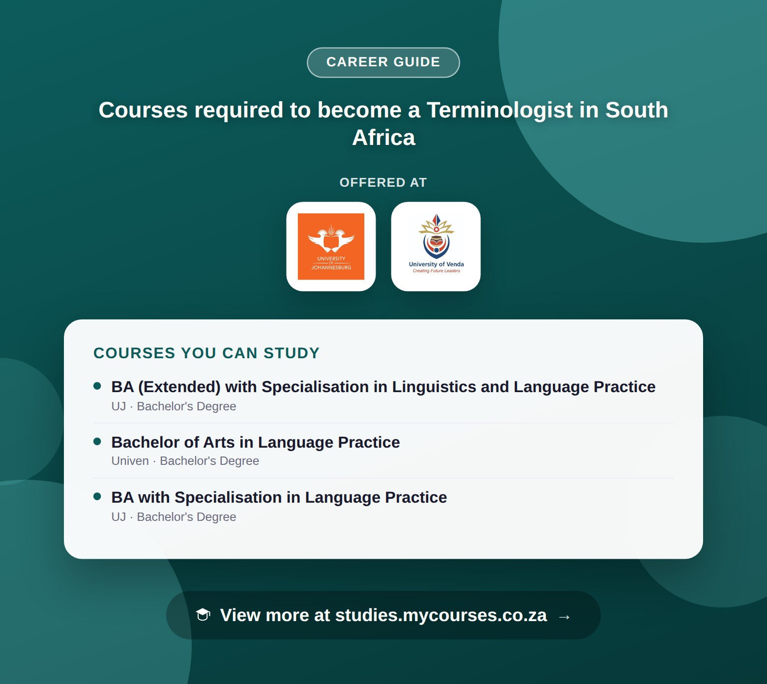 Poster listing courses to become a Terminologist in South Africa, offered at University of Johannesburg and University of Venda, with a link to studies.mycourses.co.za