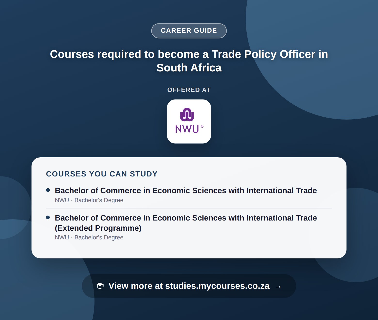 Poster listing courses to become a Trade Policy Officer in South Africa, offered at North-West University, with a link to studies.mycourses.co.za