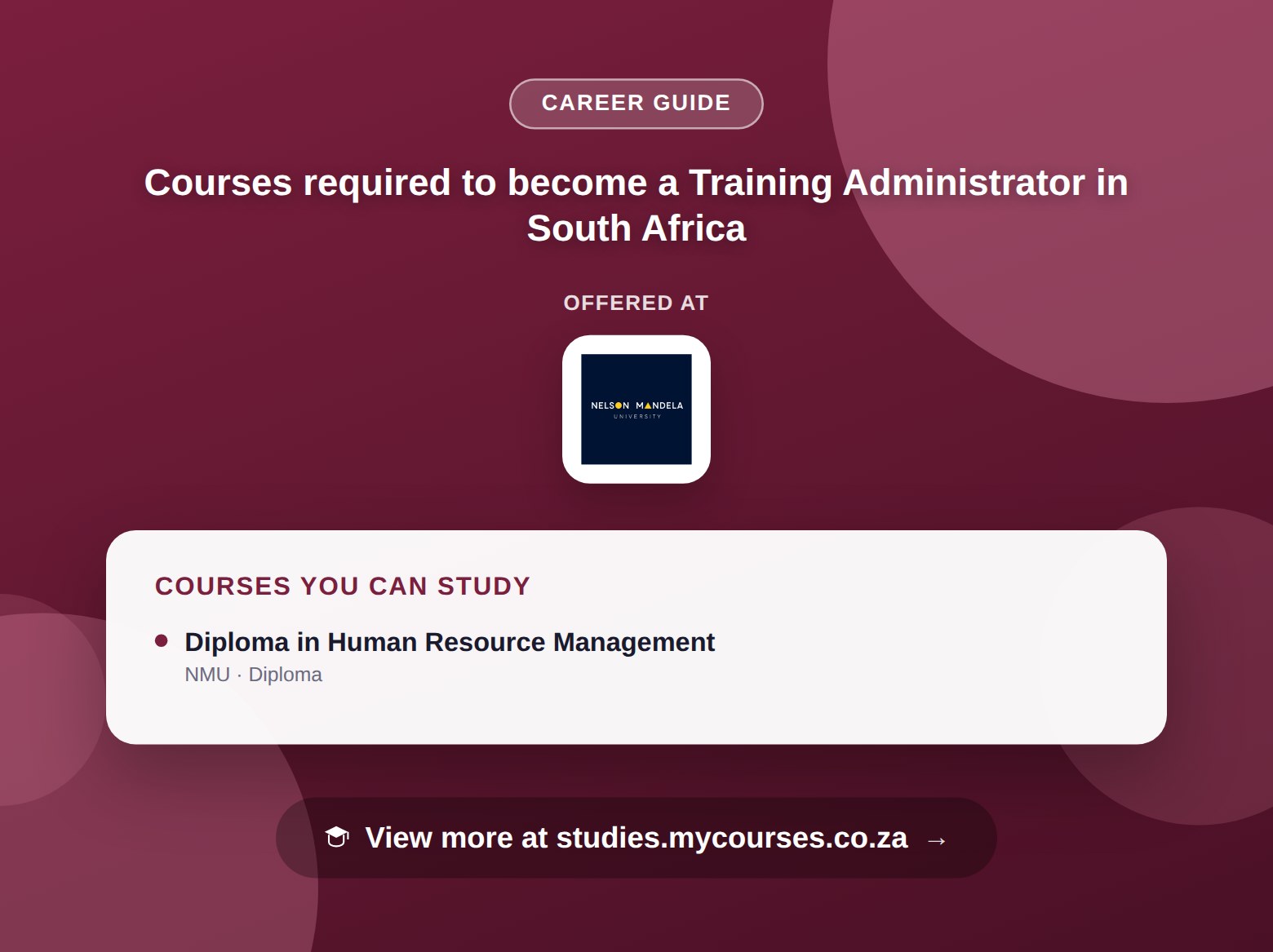 Poster listing courses to become a Training Administrator in South Africa, offered at Nelson Mandela University, with a link to studies.mycourses.co.za