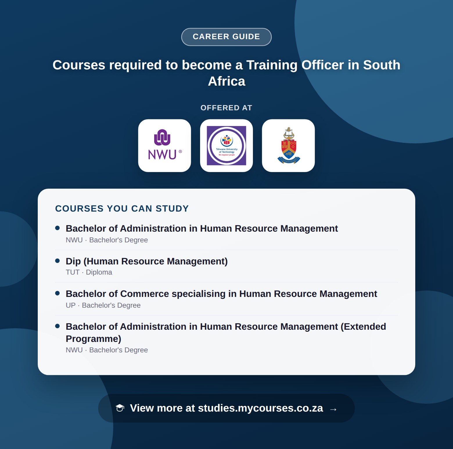 Poster listing courses to become a Training Officer in South Africa, offered at Berea College of Technology, North-West University and Rosebank College, with a link to studies.mycourses.co.za