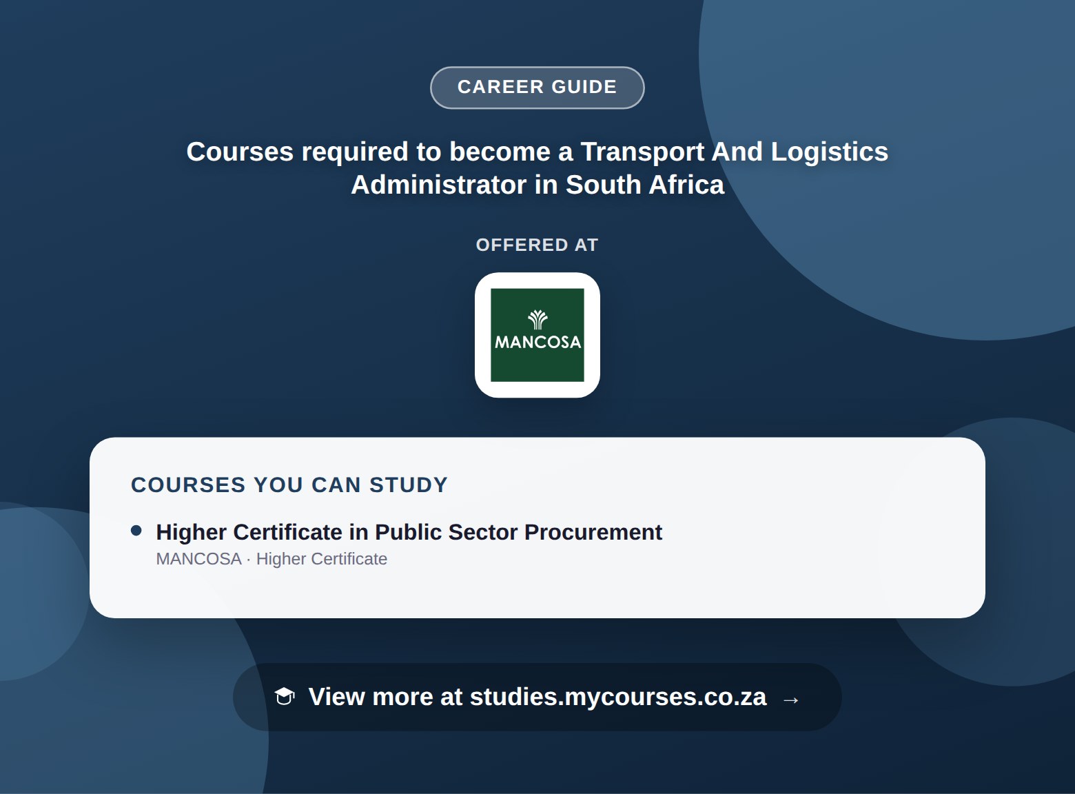 Poster listing courses to become a Transport And Logistics Administrator in South Africa, offered at MANCOSA, with a link to studies.mycourses.co.za