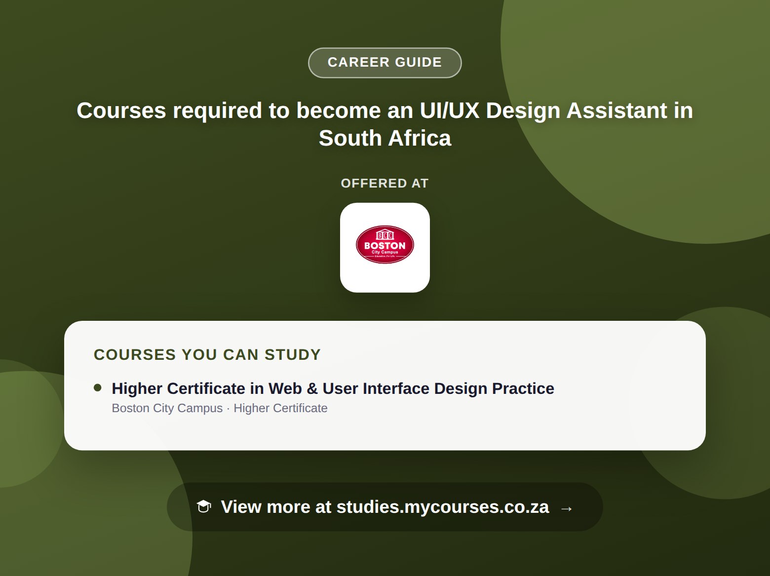 Poster listing courses to become an UI/UX Design Assistant in South Africa, offered at Boston City Campus, with a link to studies.mycourses.co.za