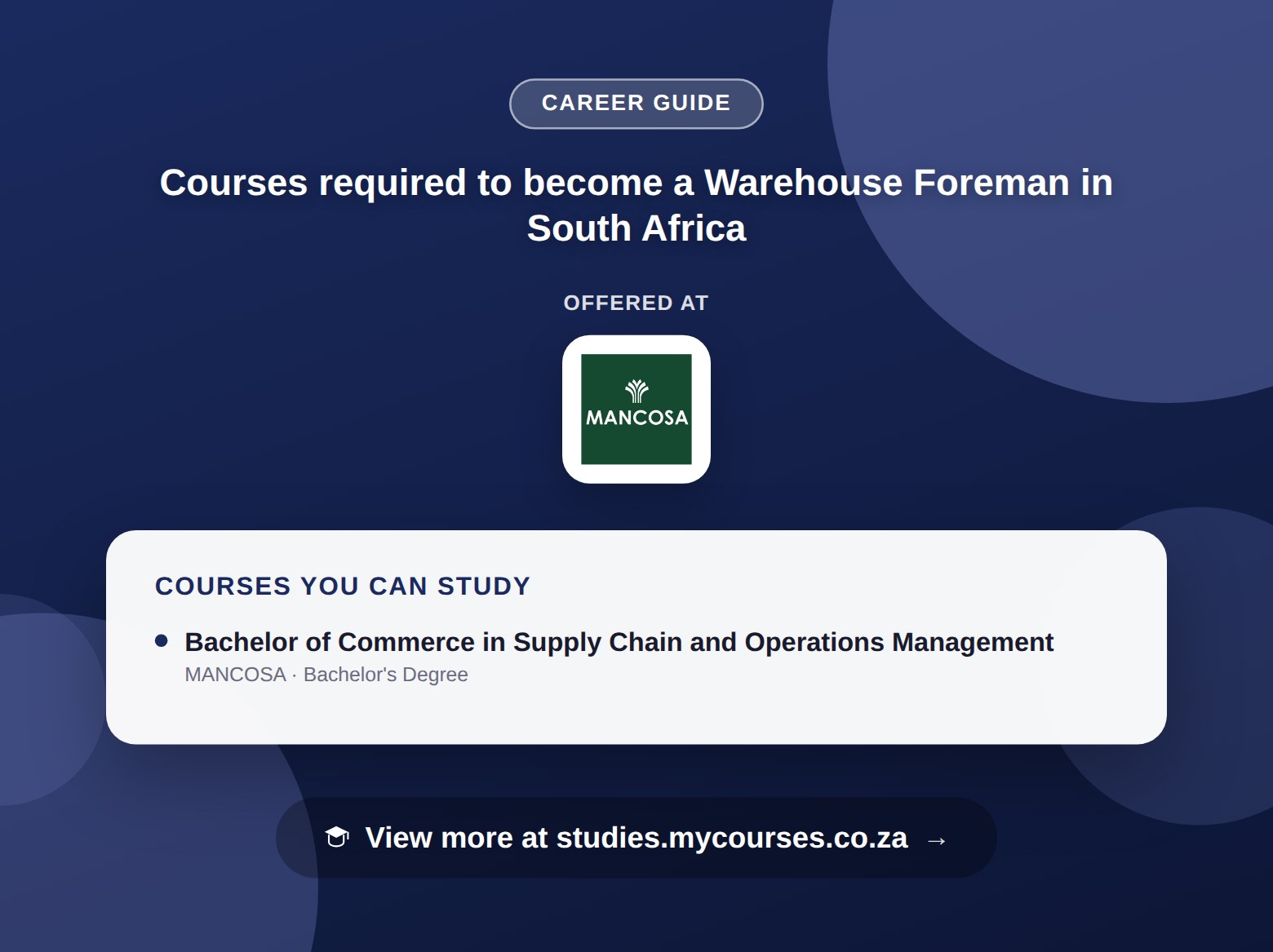 Poster listing courses to become a Warehouse Foreman in South Africa, offered at MANCOSA, with a link to studies.mycourses.co.za