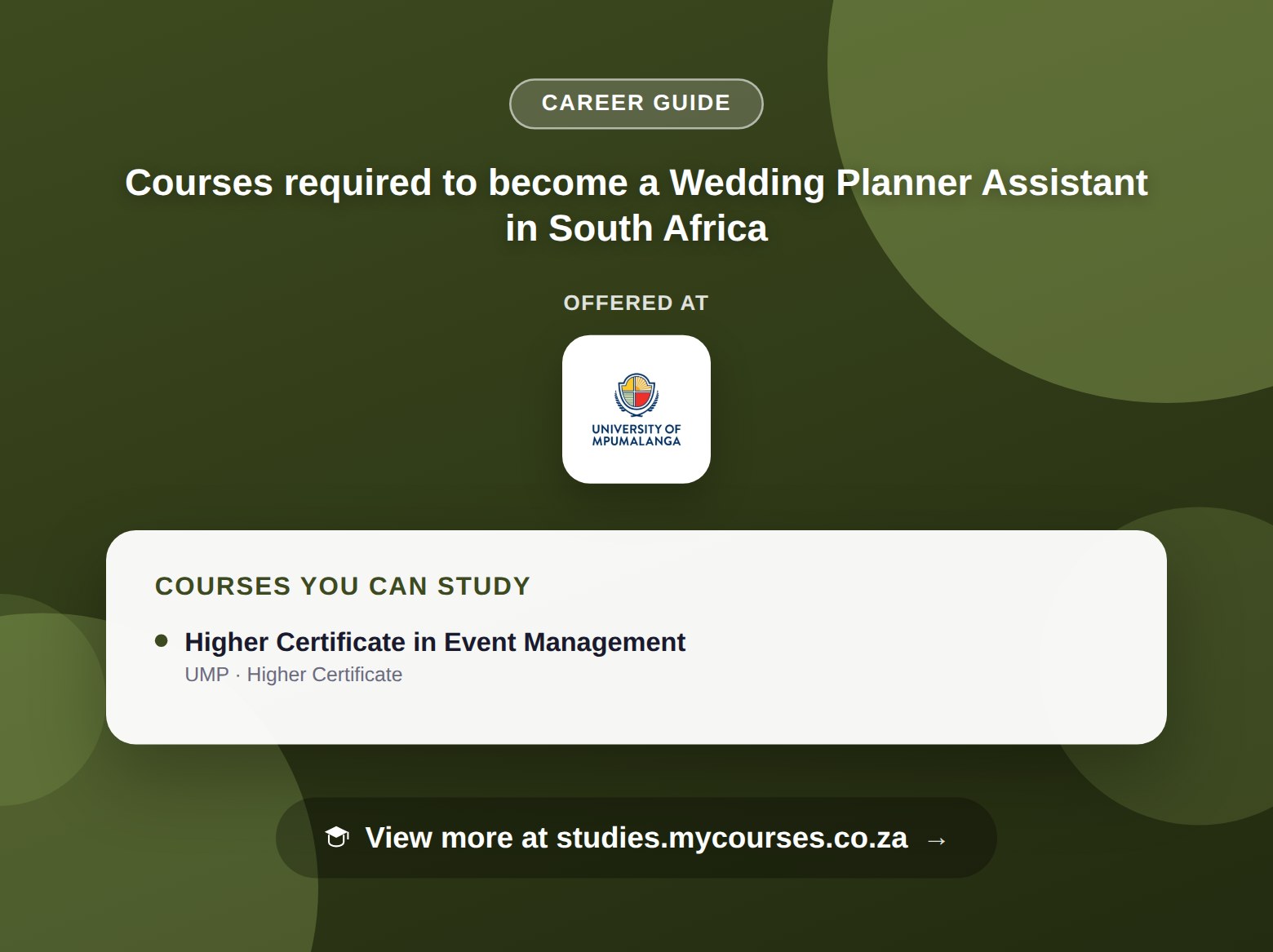 Poster listing courses to become a Wedding Planner Assistant in South Africa, offered at University of Mpumalanga, with a link to studies.mycourses.co.za