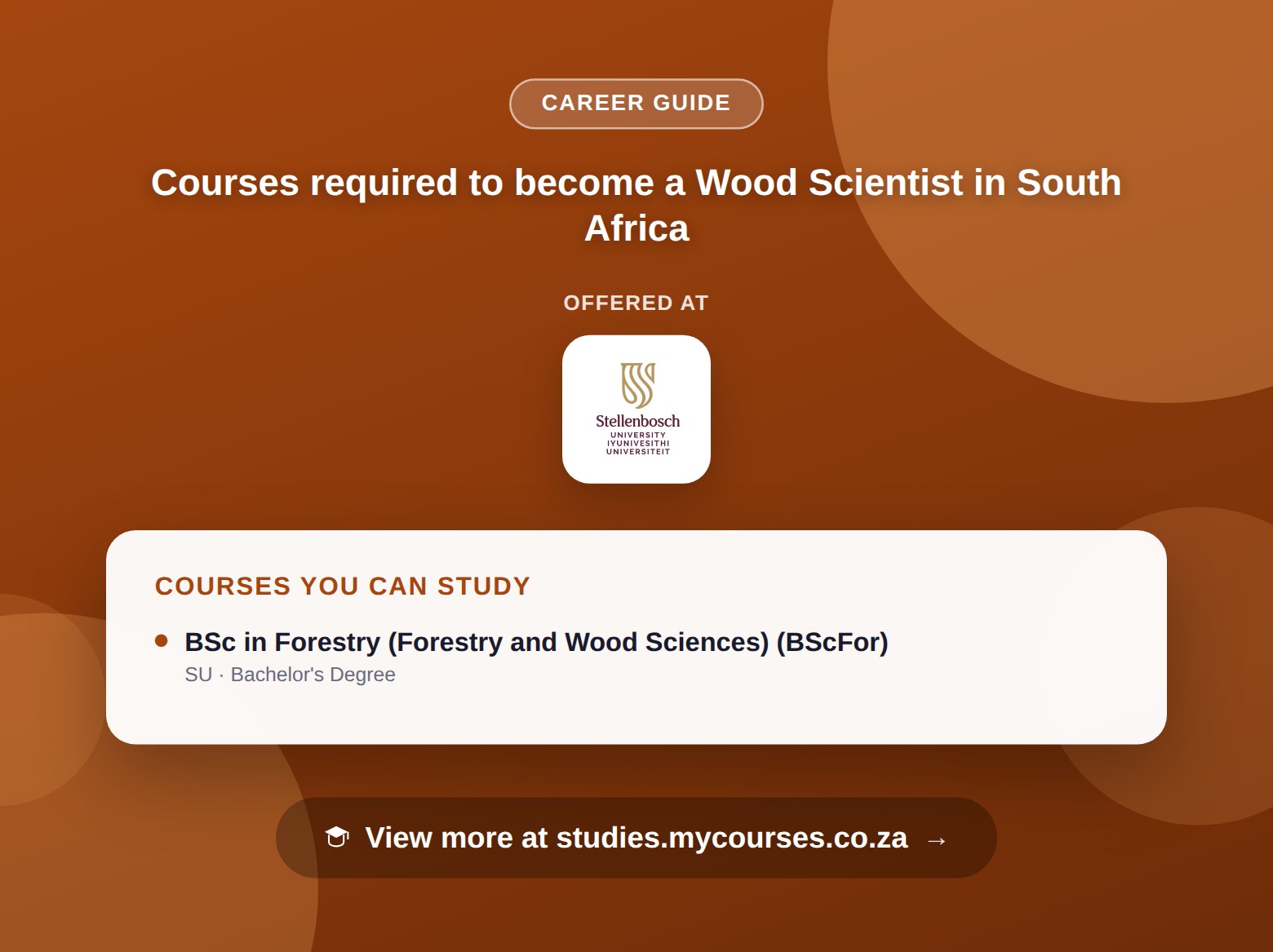 Poster listing courses to become a Wood Scientist in South Africa, offered at Stellenbosch University, with a link to studies.mycourses.co.za