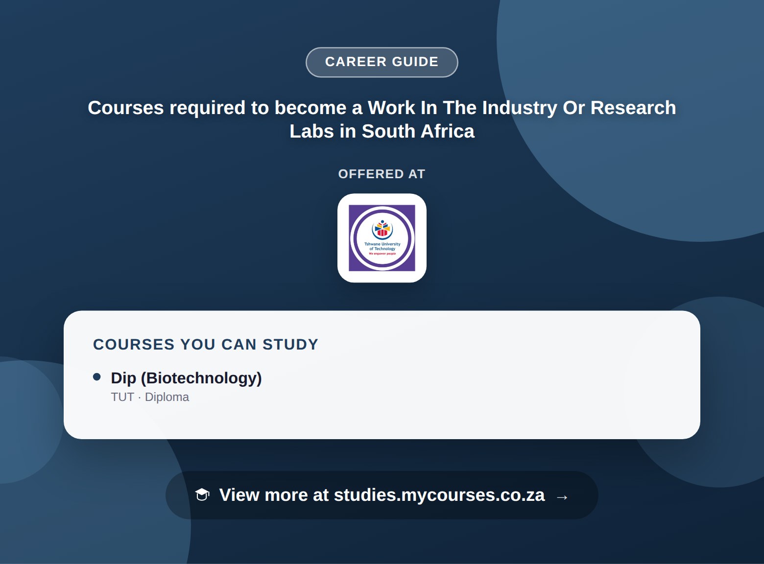 Poster listing courses to become a Work In The Industry Or Research Labs in South Africa, offered at Tshwane University of Technology, with a link to studies.mycourses.co.za