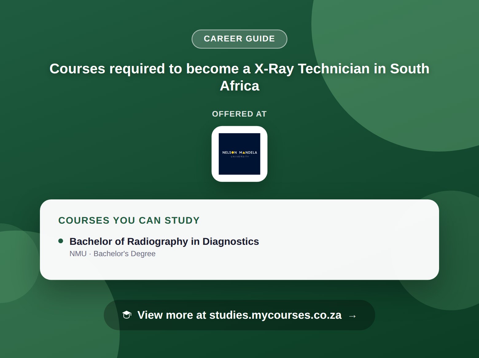 Poster listing courses to become a X-Ray Technician in South Africa, offered at Nelson Mandela University, with a link to studies.mycourses.co.za