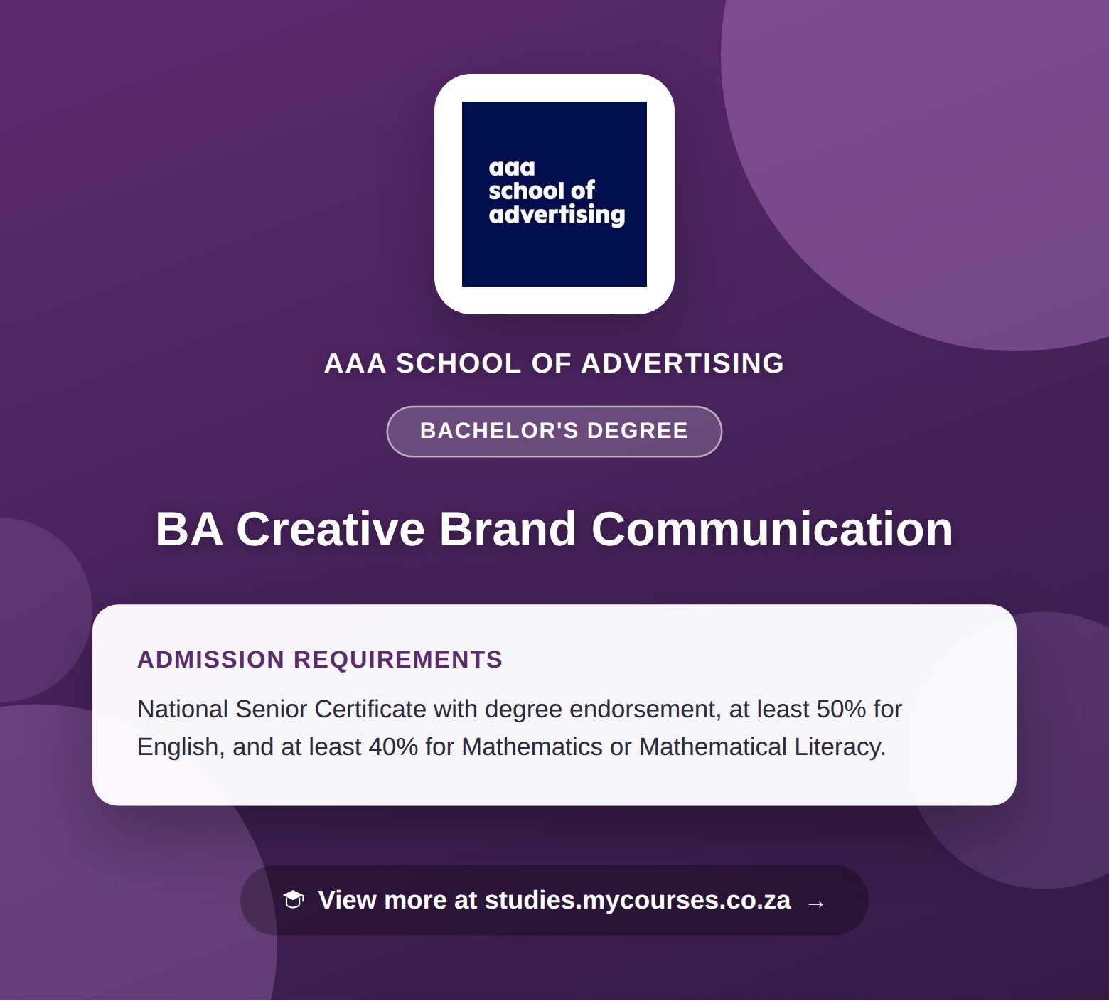 Poster showing admission requirements for the BA Creative Brand Communication bachelor's degree at AAA School of Advertising, with a link to studies.mycourses.co.za