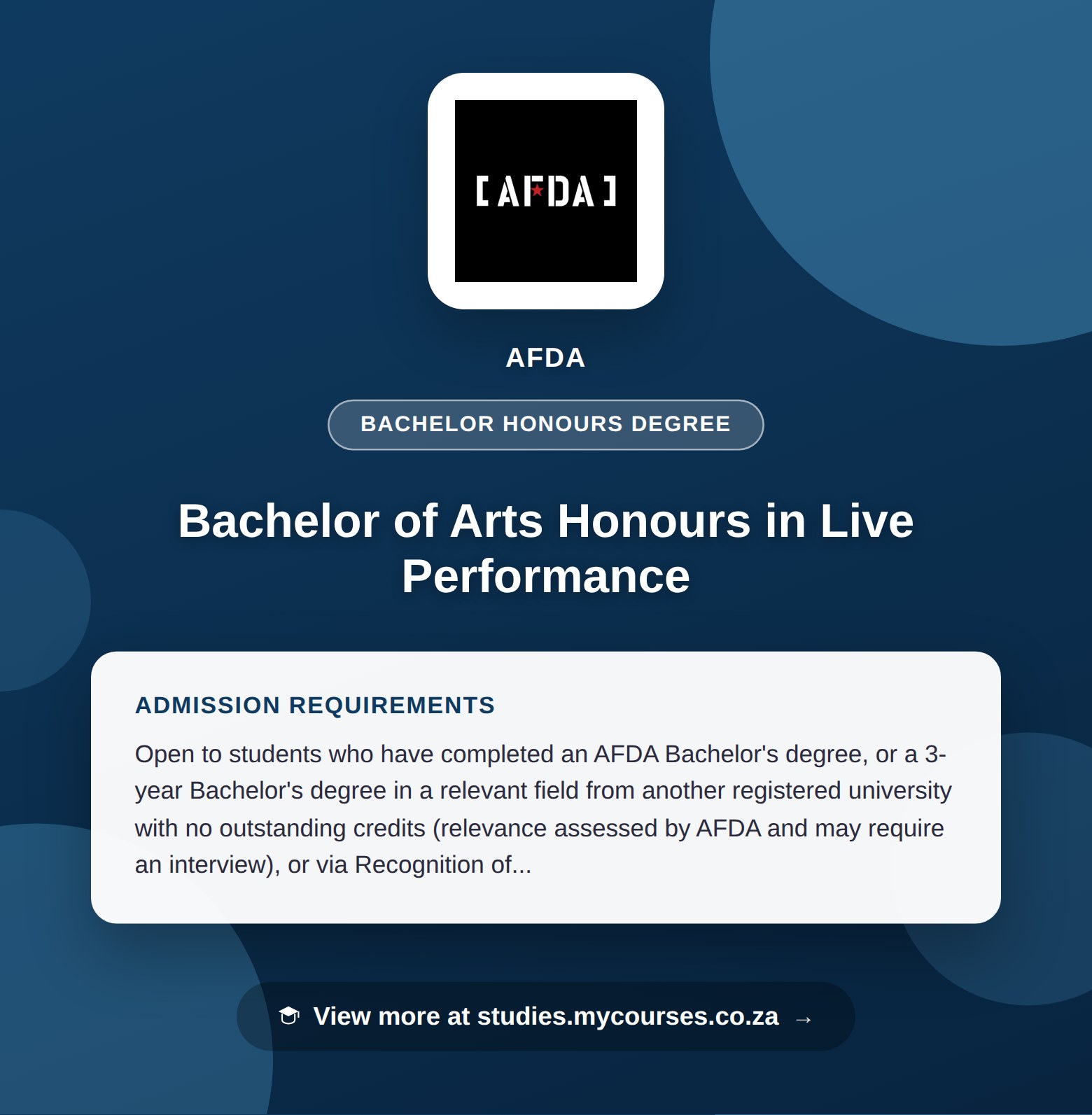 Poster showing admission requirements for the Bachelor of Arts Honours in Live Performance bachelor honours degree at AFDA, with a link to studies.mycourses.co.za