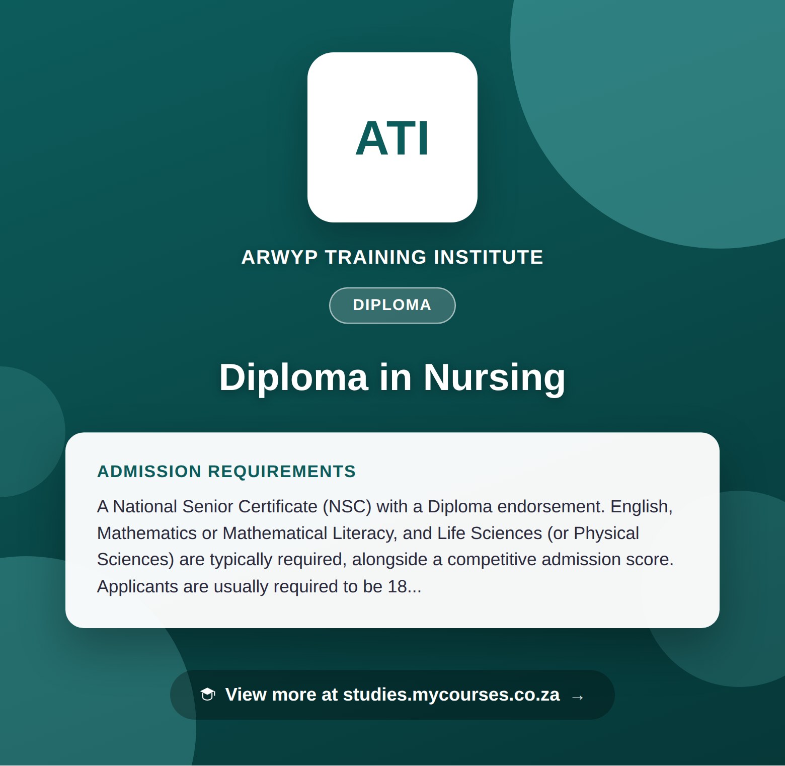 Poster showing admission requirements for the Diploma in Nursing diploma at Arwyp Training Institute, with a link to studies.mycourses.co.za