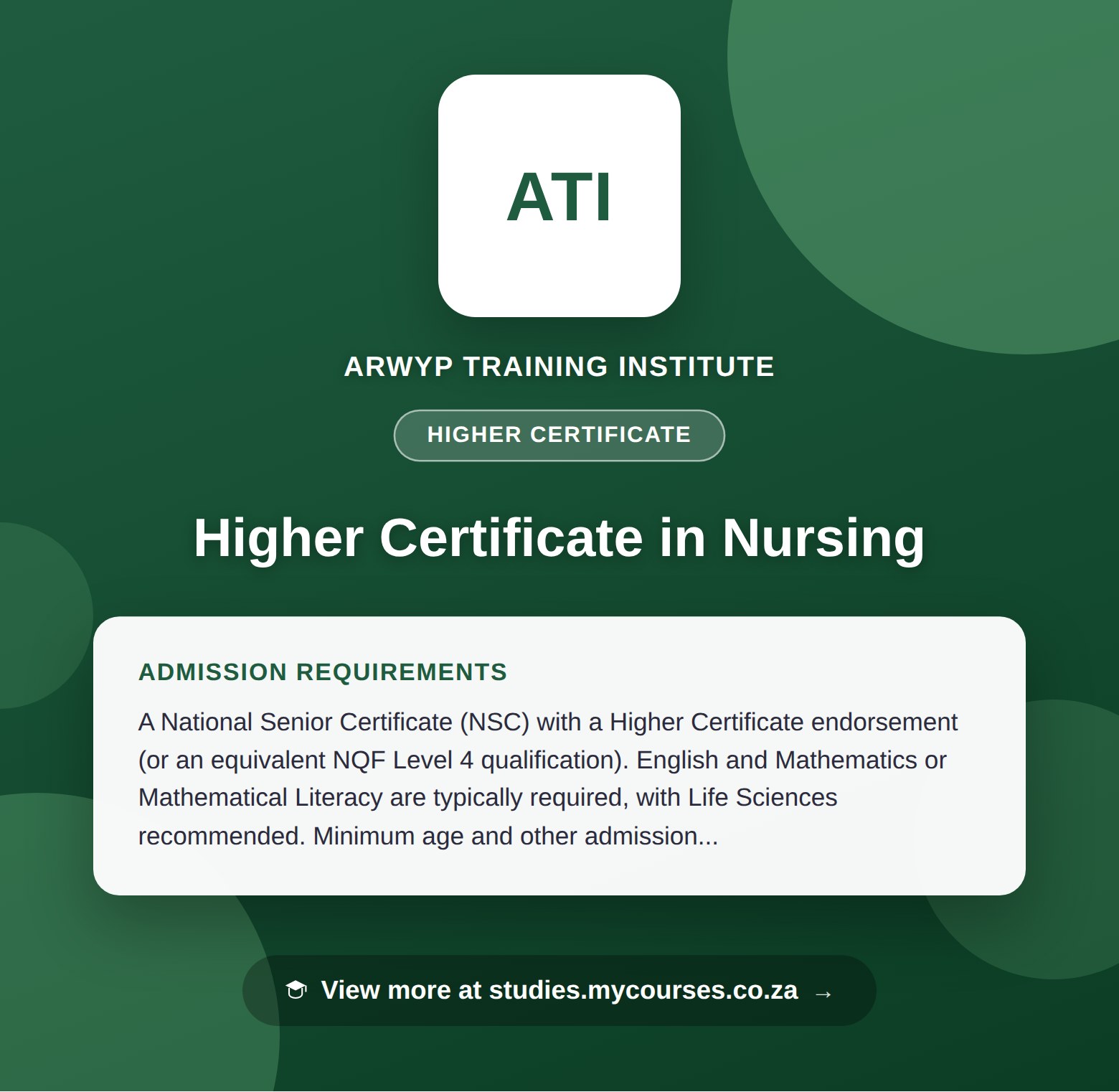Poster showing admission requirements for the Higher Certificate in Nursing higher certificate at Arwyp Training Institute, with a link to studies.mycourses.co.za
