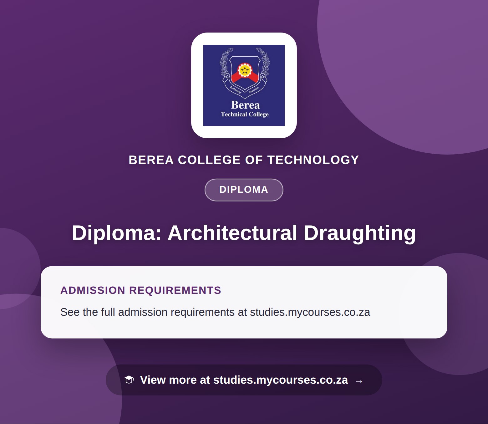 Poster showing admission requirements for the Diploma: Architectural Draughting diploma at Berea College of Technology, with a link to studies.mycourses.co.za