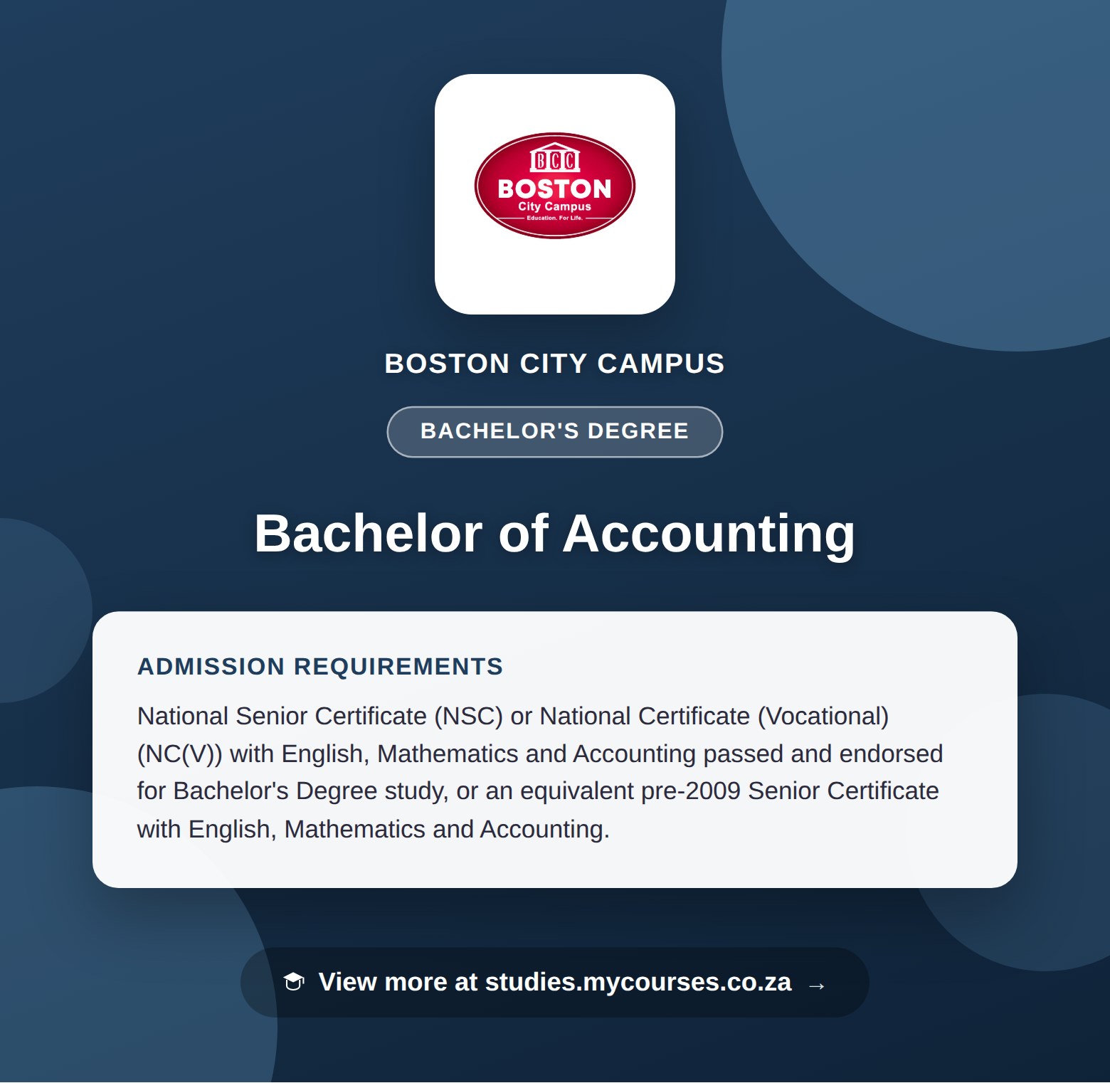 Poster showing admission requirements for the Bachelor of Accounting bachelor's degree at Boston City Campus, with a link to studies.mycourses.co.za