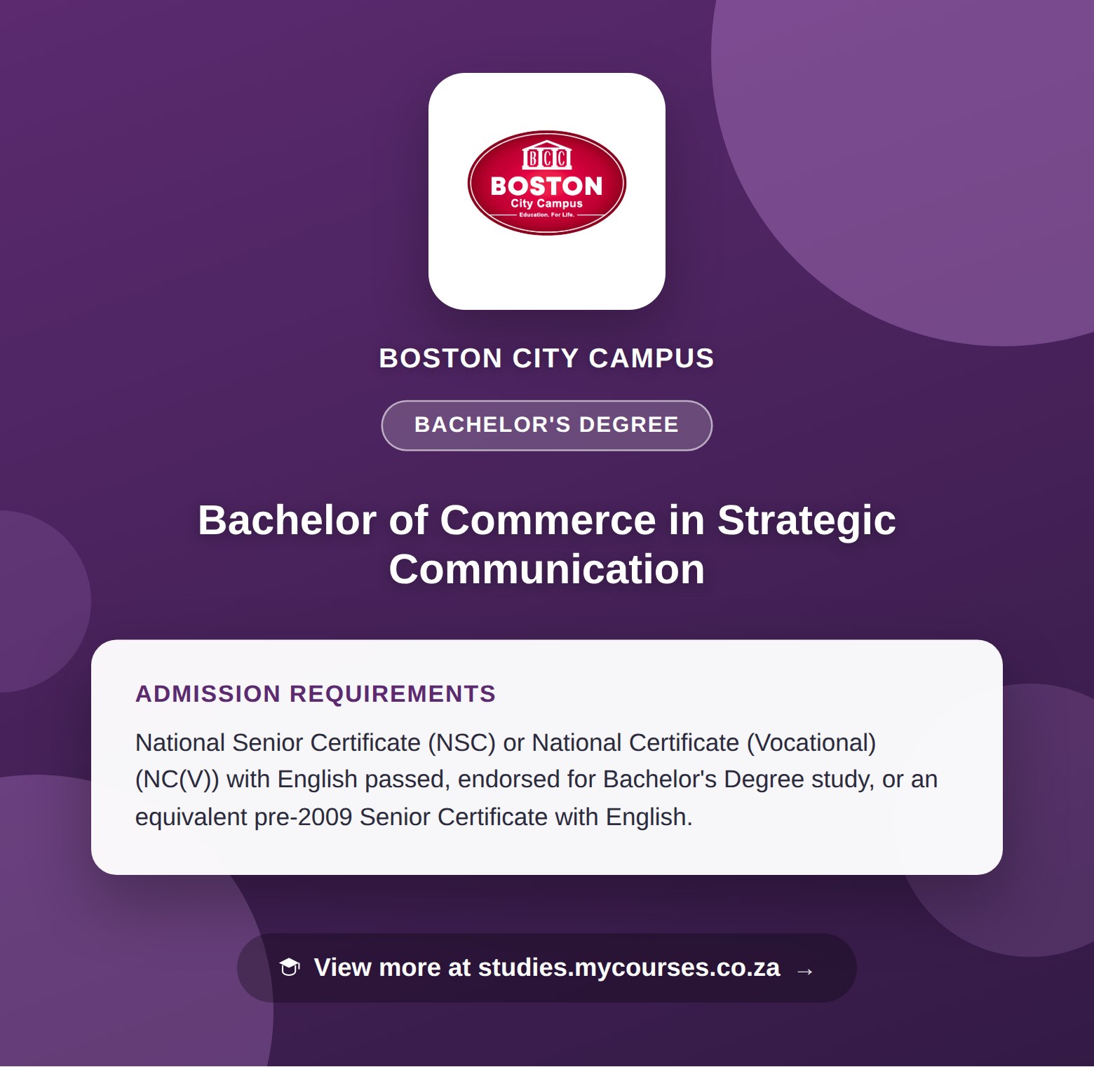 Poster showing admission requirements for the Bachelor of Commerce in Strategic Communication bachelor's degree at Boston City Campus, with a link to studies.mycourses.co.za
