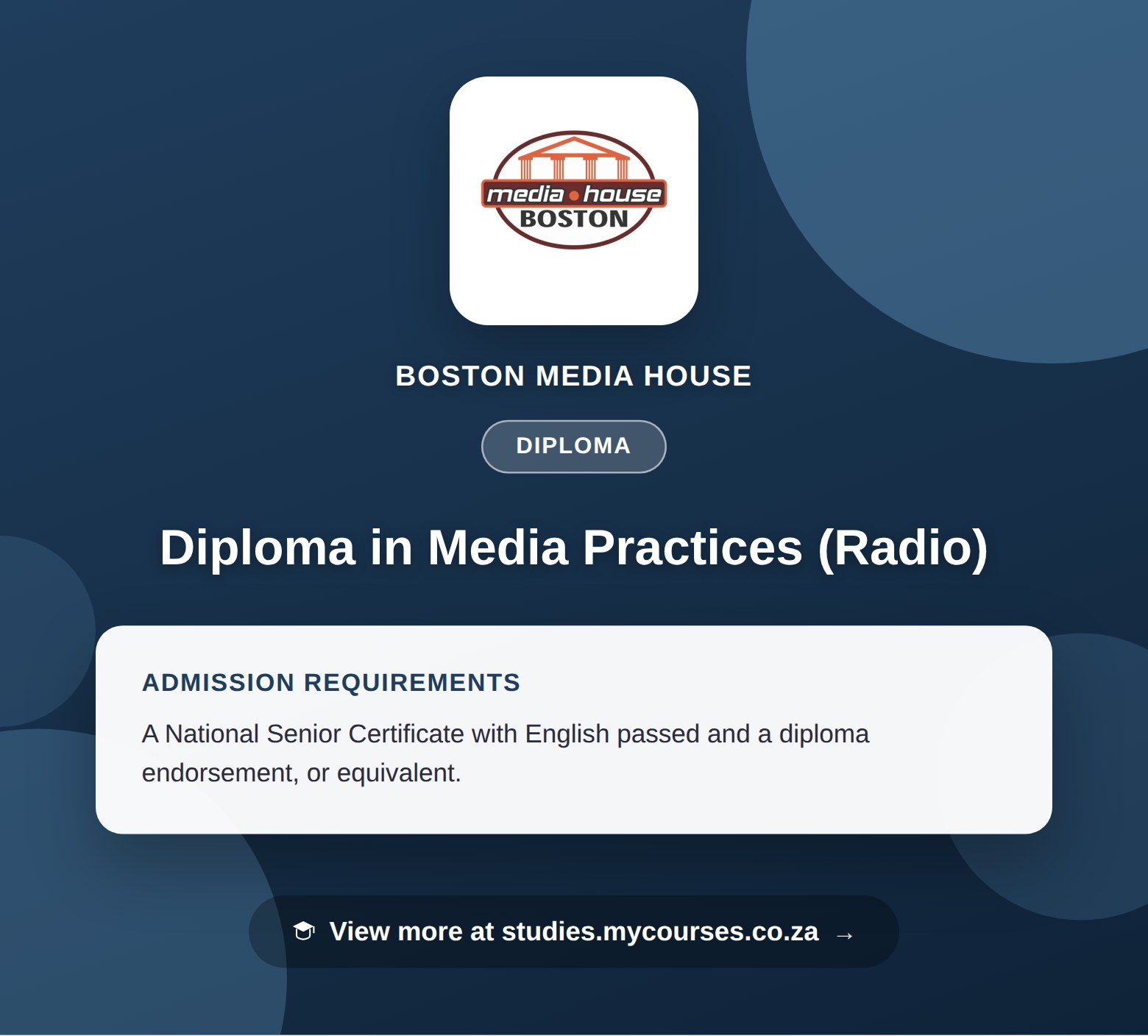 Poster showing admission requirements for the Diploma in Media Practices (Radio) diploma at Boston Media House, with a link to studies.mycourses.co.za