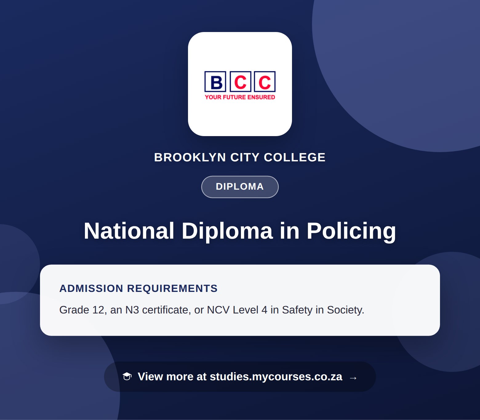 Poster showing admission requirements for the National Diploma in Policing diploma at Brooklyn City College, with a link to studies.mycourses.co.za