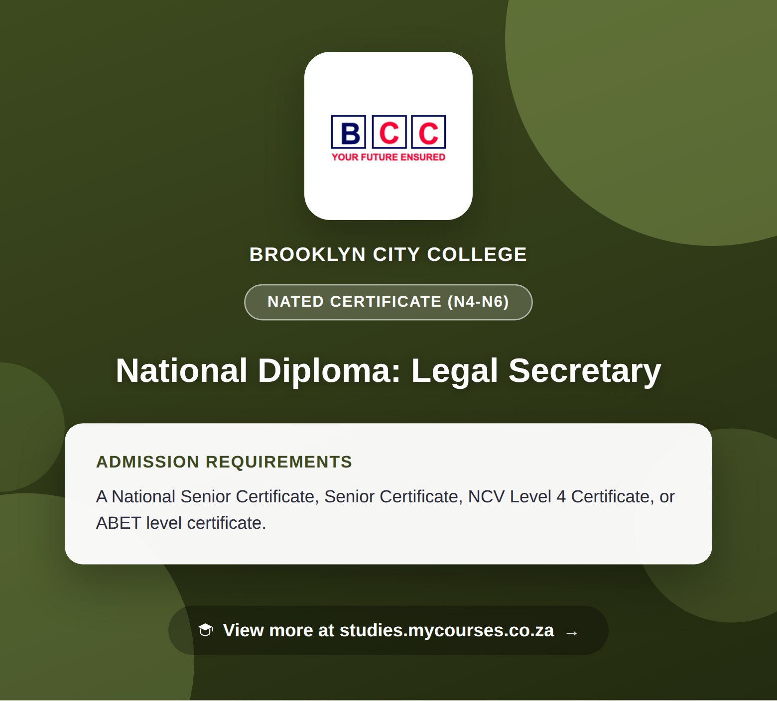 Poster showing admission requirements for the National Diploma: Legal Secretary nated certificate (n4-n6) at Brooklyn City College, with a link to studies.mycourses.co.za