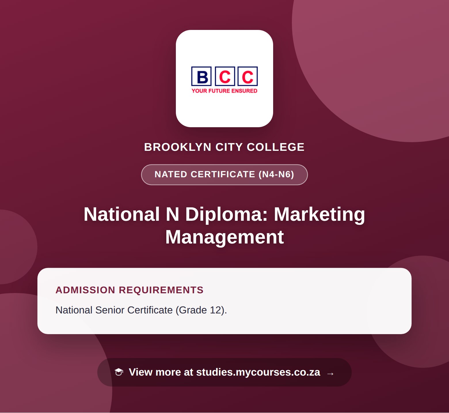Poster showing admission requirements for the National N Diploma: Marketing Management nated certificate (n4-n6) at Brooklyn City College, with a link to studies.mycourses.co.za