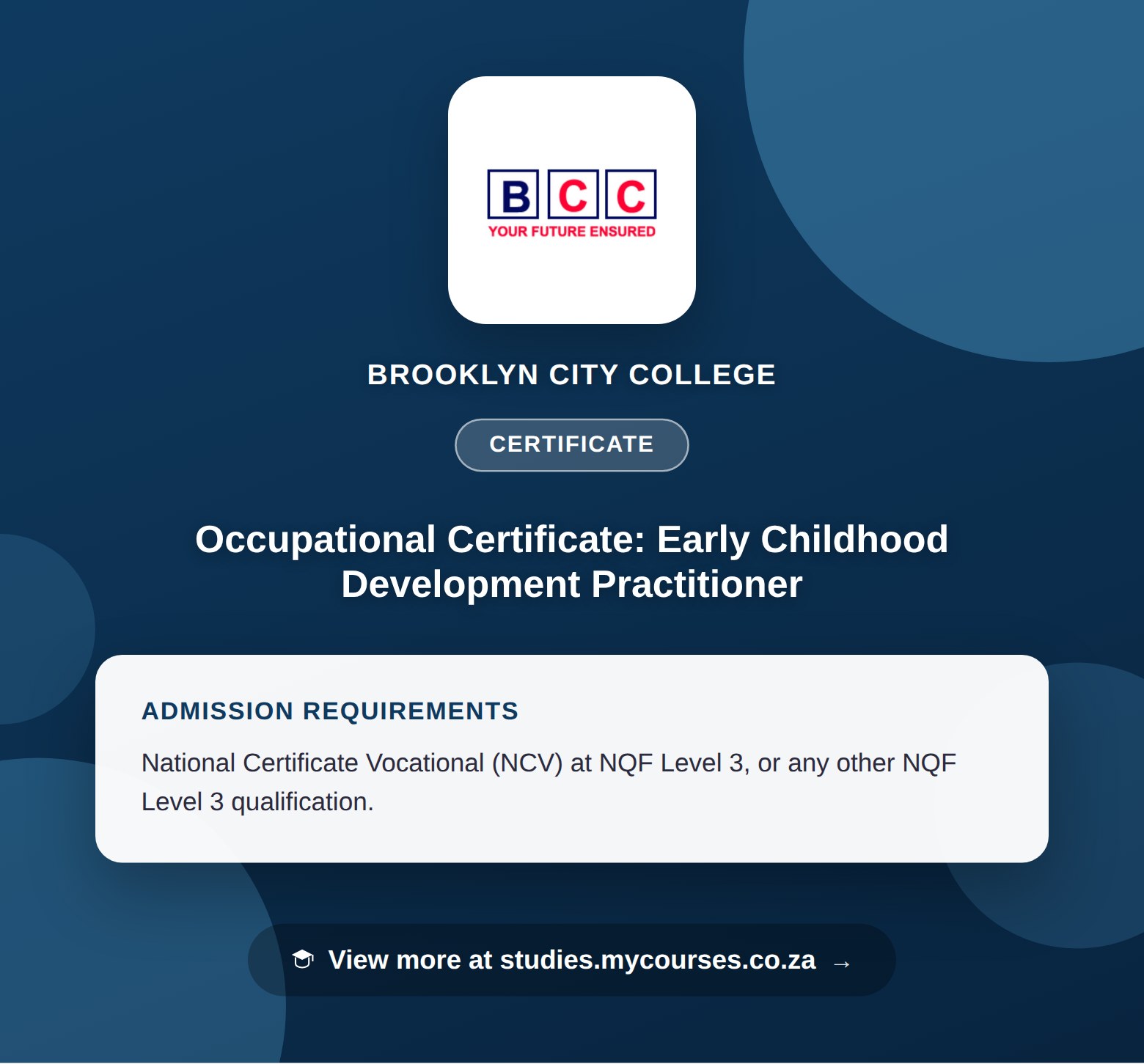 Poster showing admission requirements for the Occupational Certificate: Early Childhood Development Practitioner certificate at Brooklyn City College, with a link to studies.mycourses.co.za