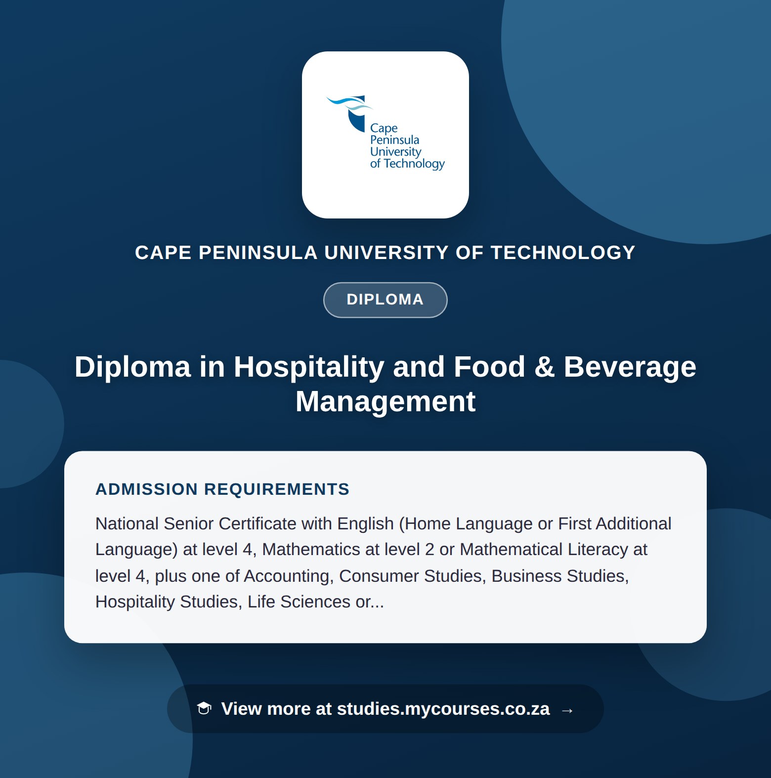 Poster showing admission requirements for the Diploma in Hospitality and Food & Beverage Management diploma at Cape Peninsula University of Technology, with a link to studies.mycourses.co.za