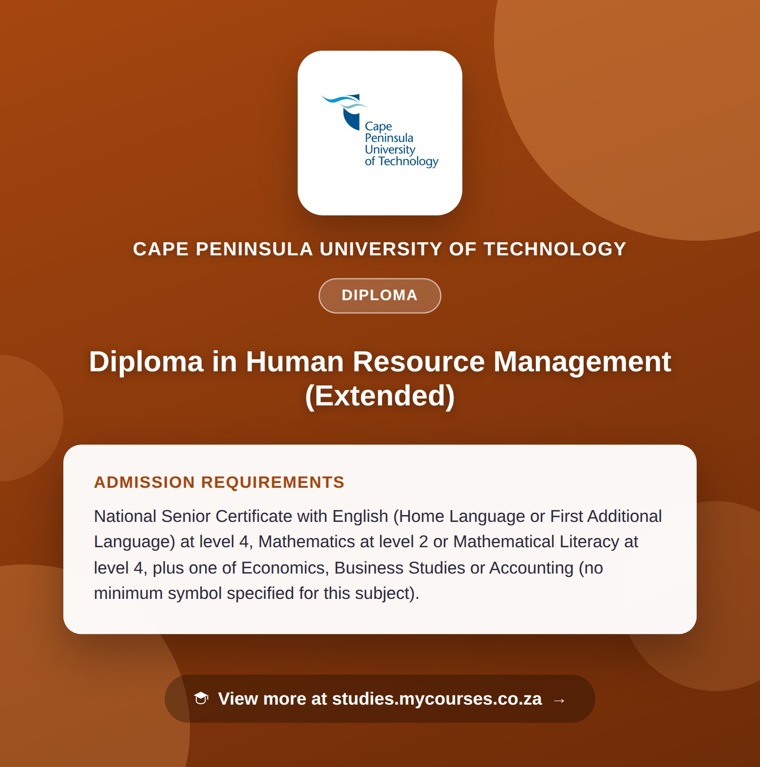 Poster showing admission requirements for the Diploma in Human Resource Management (Extended) diploma at Cape Peninsula University of Technology, with a link to studies.mycourses.co.za