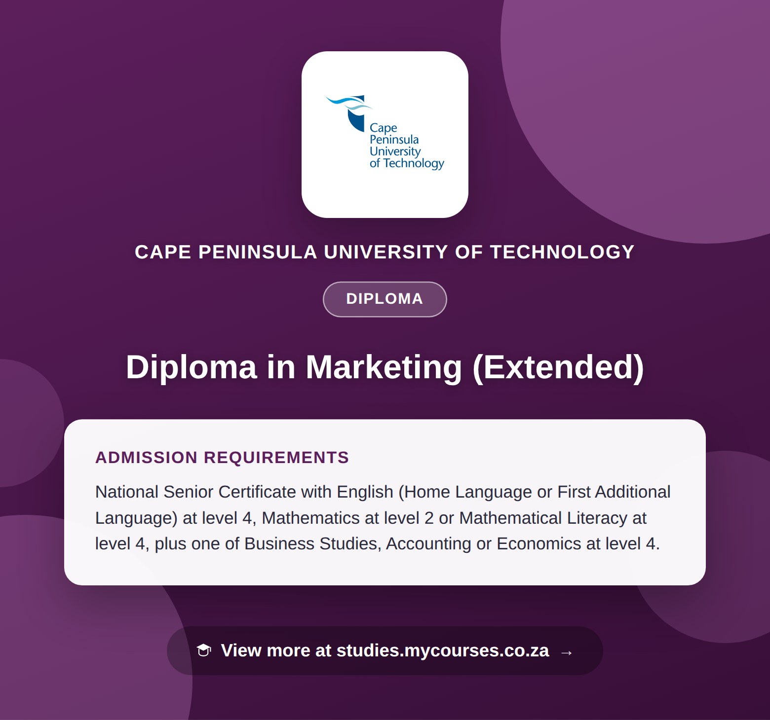 Poster showing admission requirements for the Diploma in Marketing (Extended) diploma at Cape Peninsula University of Technology, with a link to studies.mycourses.co.za