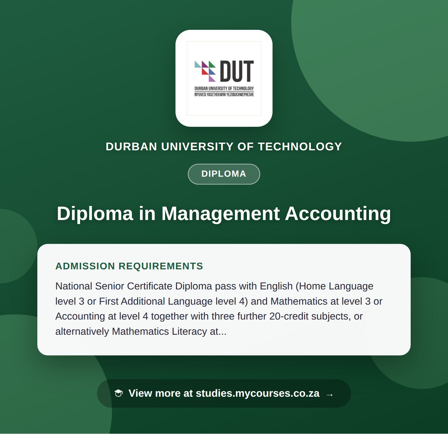 Poster showing admission requirements for the Diploma in Management Accounting diploma at Durban University of Technology, with a link to studies.mycourses.co.za