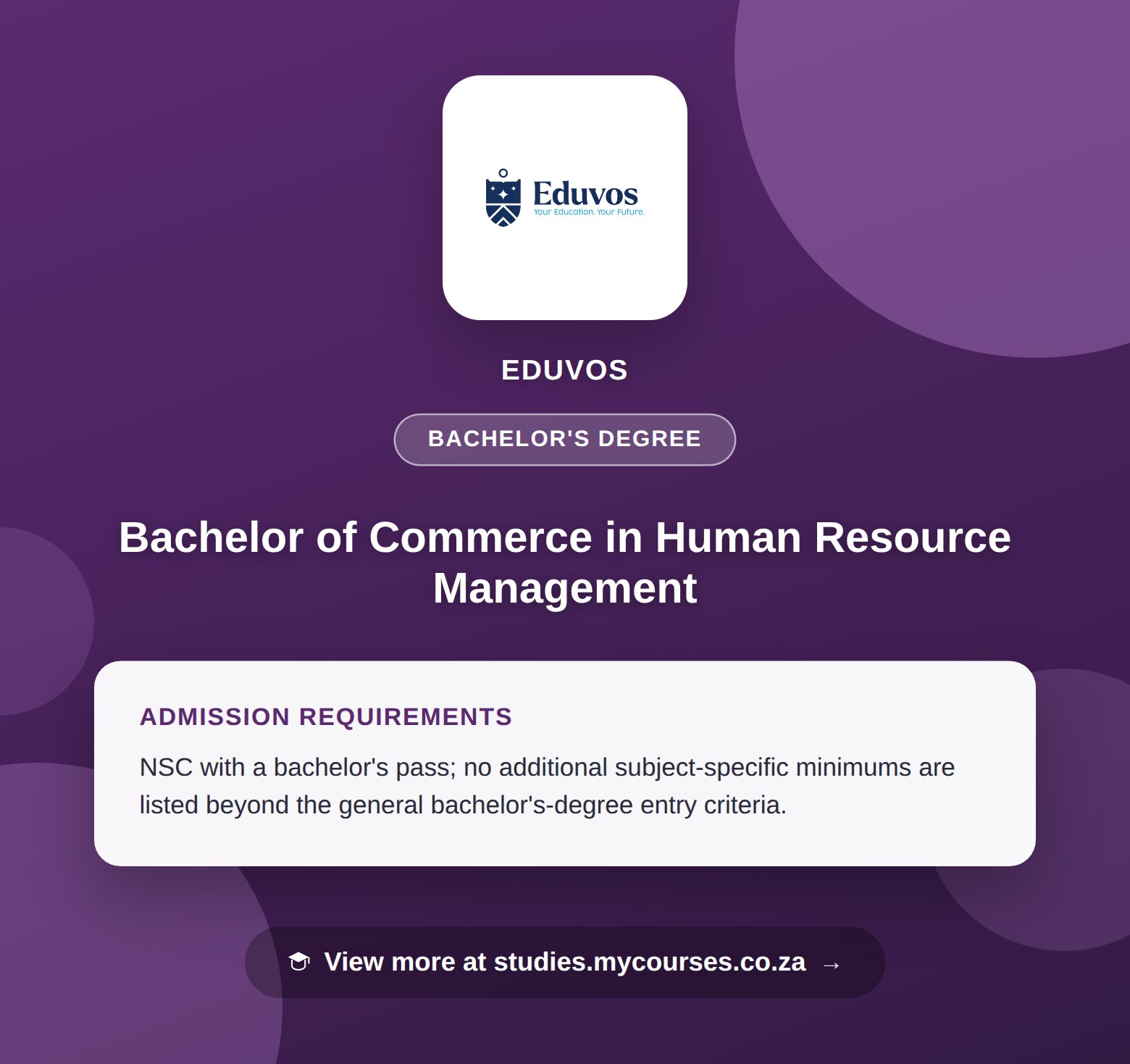 Poster showing admission requirements for the Bachelor of Commerce in Human Resource Management bachelor's degree at Eduvos, with a link to studies.mycourses.co.za