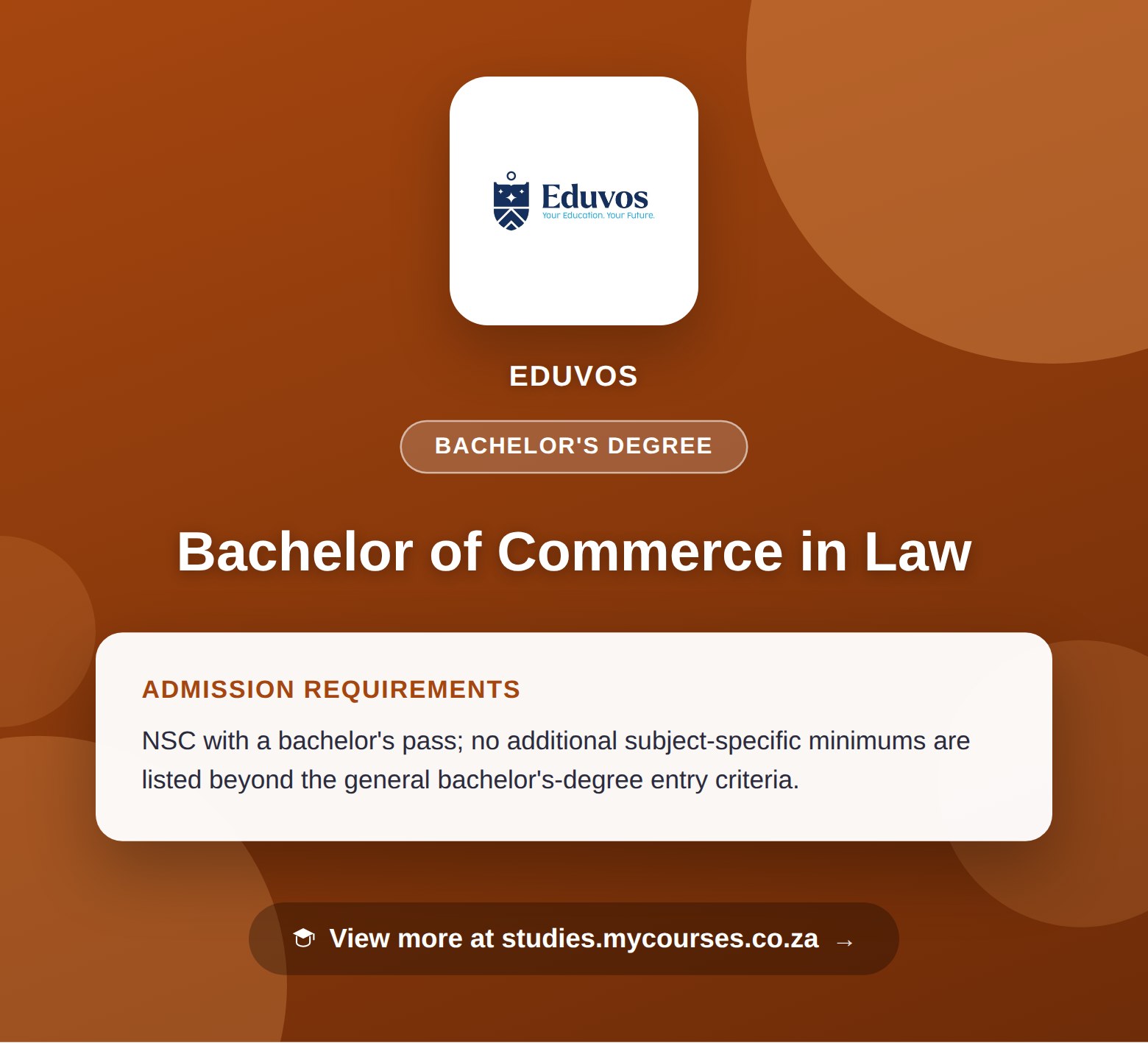 Poster showing admission requirements for the Bachelor of Commerce in Law bachelor's degree at Eduvos, with a link to studies.mycourses.co.za