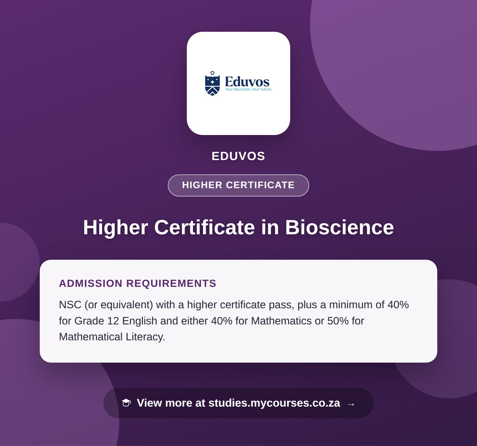 Poster showing admission requirements for the Higher Certificate in Bioscience higher certificate at Eduvos, with a link to studies.mycourses.co.za