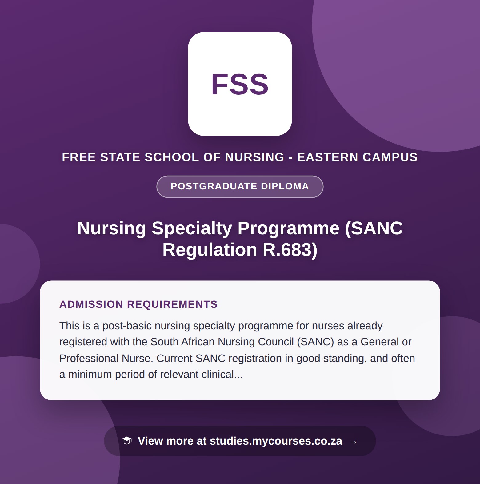 Poster showing admission requirements for the Nursing Specialty Programme (SANC Regulation R.683) postgraduate diploma at Free State School of Nursing - Eastern Campus, with a link to studies.mycourses.co.za