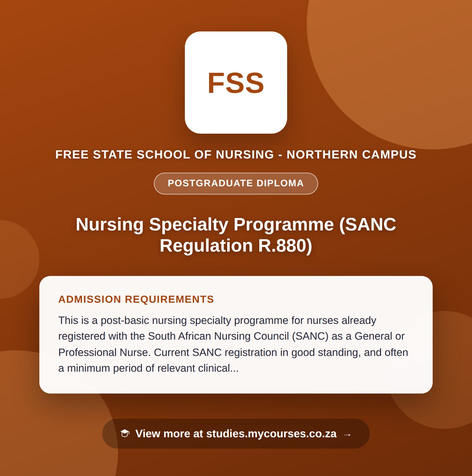Poster showing admission requirements for the Nursing Specialty Programme (SANC Regulation R.880) postgraduate diploma at Free State School of Nursing - Northern Campus, with a link to studies.mycourses.co.za