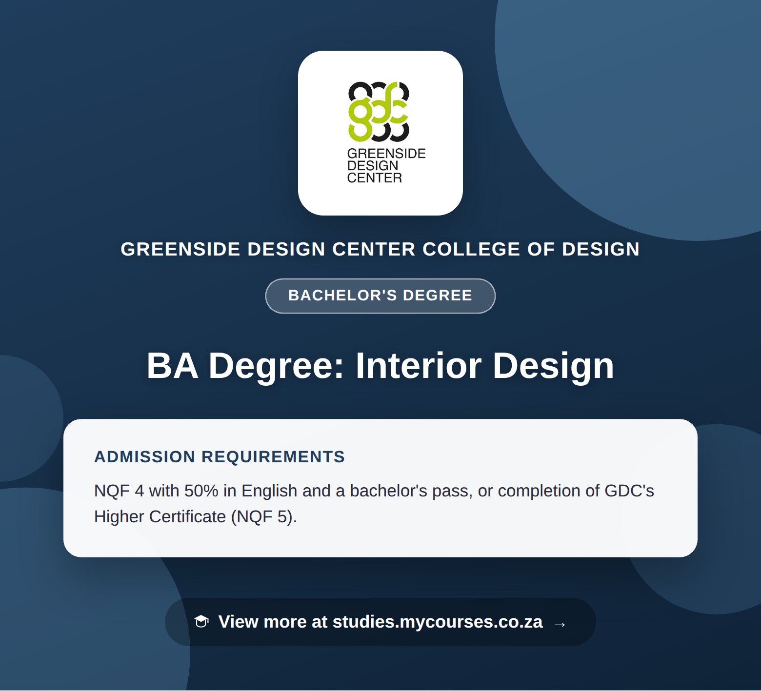 Poster showing admission requirements for the BA Degree: Interior Design bachelor's degree at Greenside Design Center College of Design, with a link to studies.mycourses.co.za