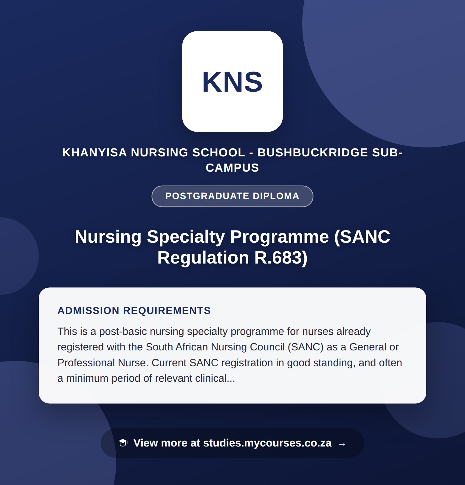 Poster showing admission requirements for the Nursing Specialty Programme (SANC Regulation R.683) postgraduate diploma at Khanyisa Nursing School - Bushbuckridge Sub-Campus, with a link to studies.mycourses.co.za