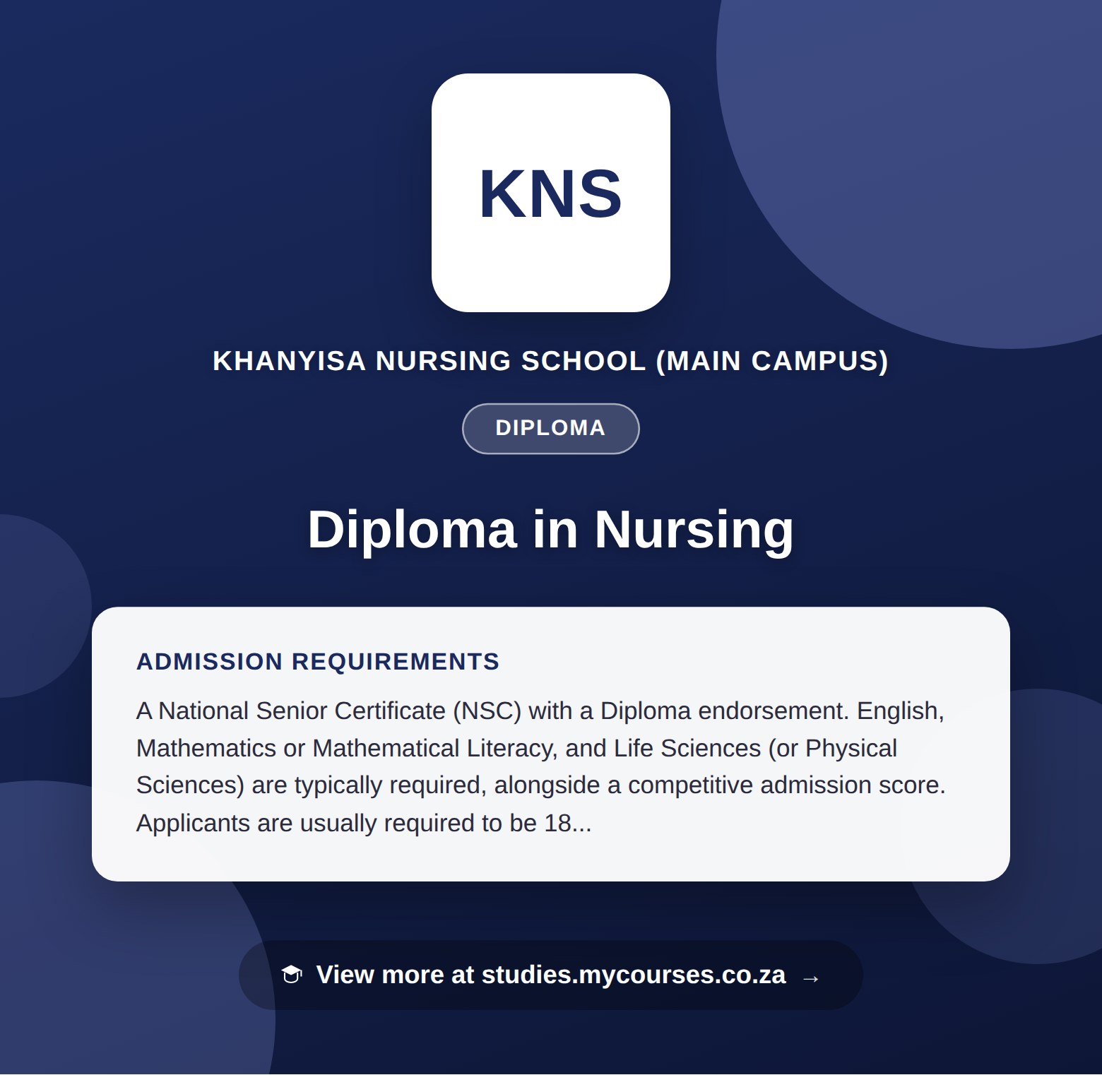 Poster showing admission requirements for the Diploma in Nursing diploma at Khanyisa Nursing School (Main Campus), with a link to studies.mycourses.co.za