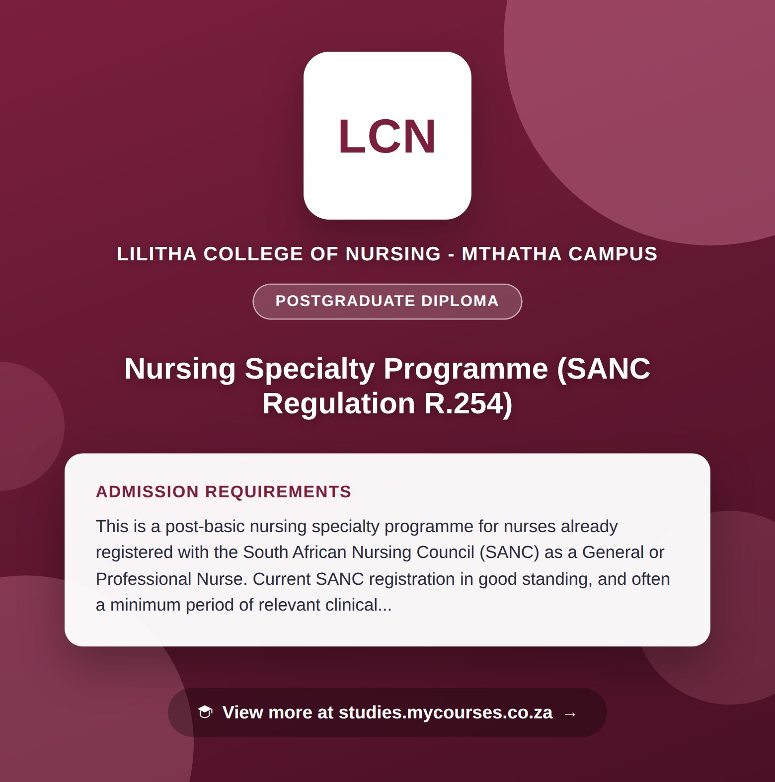 Poster showing admission requirements for the Nursing Specialty Programme (SANC Regulation R.254) postgraduate diploma at Lilitha College of Nursing - Mthatha Campus, with a link to studies.mycourses.co.za