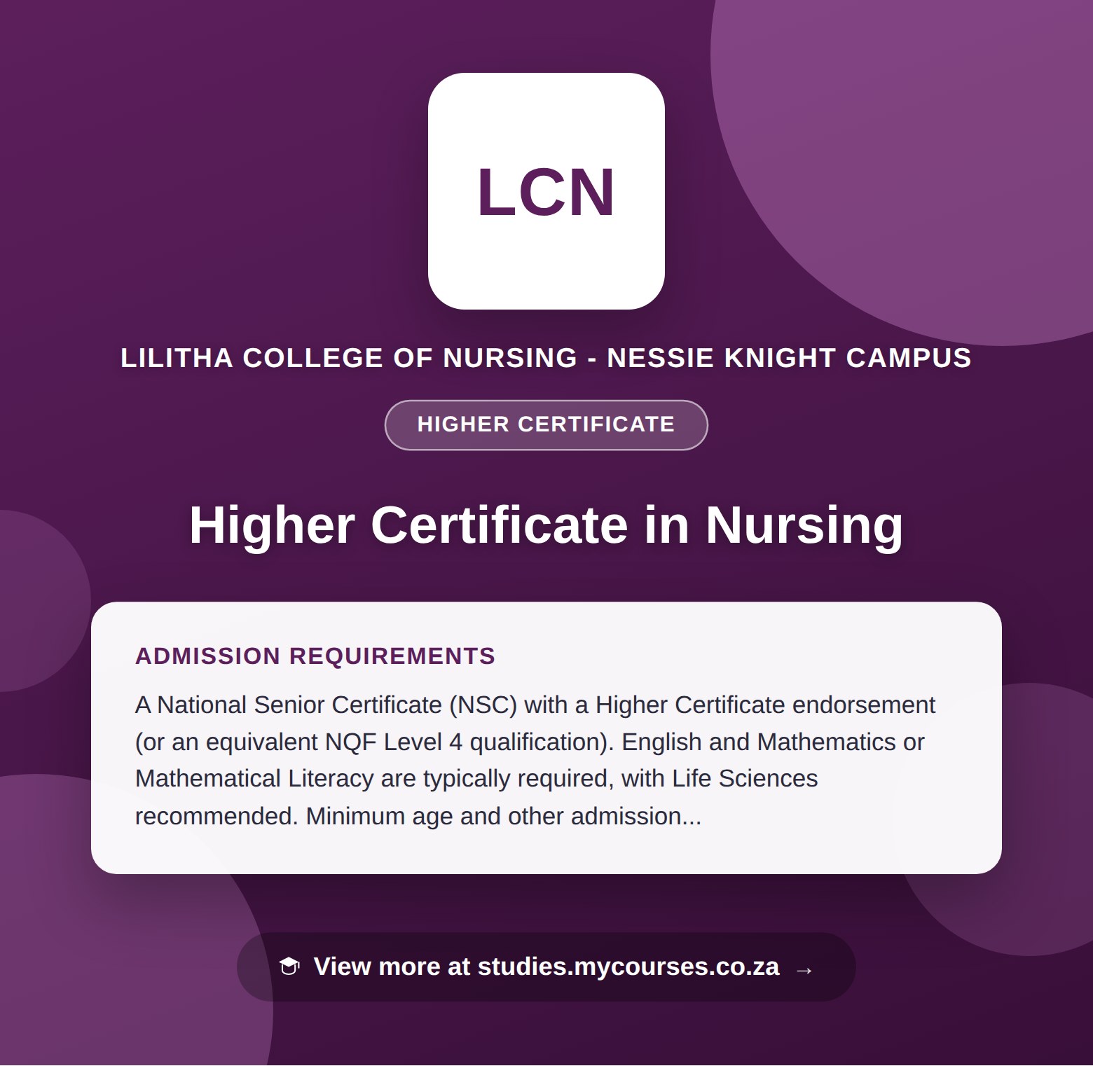 Poster showing admission requirements for the Higher Certificate in Nursing higher certificate at Lilitha College of Nursing - Nessie Knight Campus, with a link to studies.mycourses.co.za