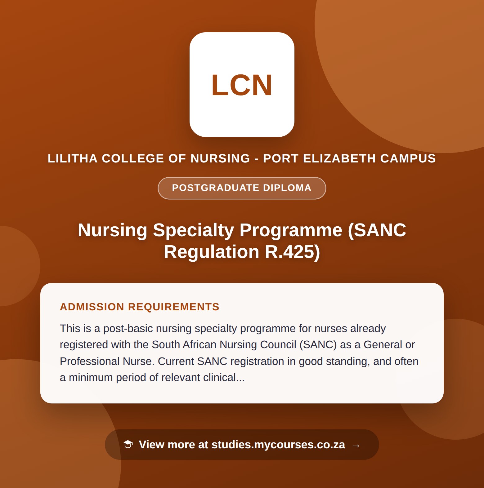 Poster showing admission requirements for the Nursing Specialty Programme (SANC Regulation R.425) postgraduate diploma at Lilitha College of Nursing - Port Elizabeth Campus, with a link to studies.mycourses.co.za