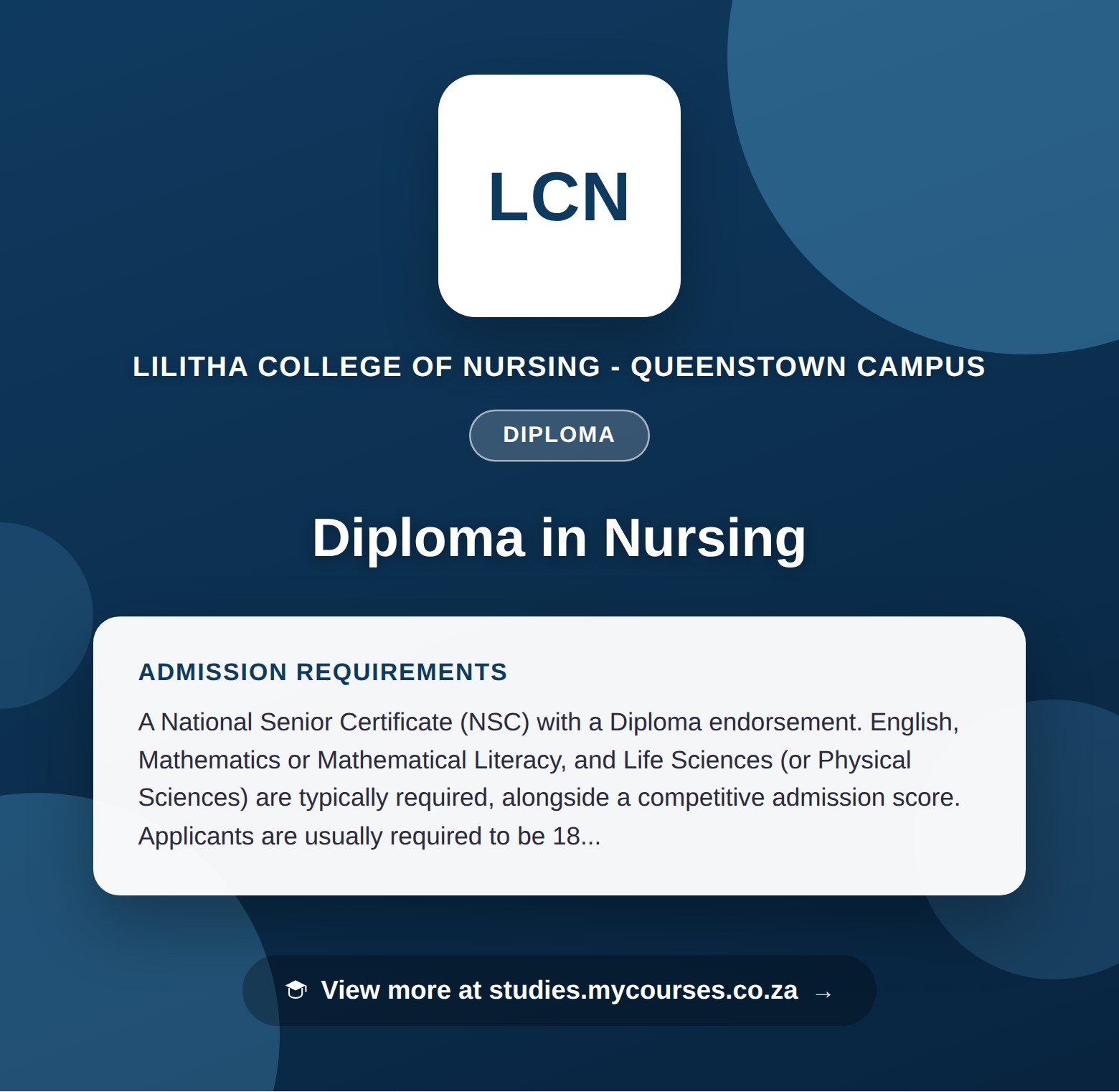 Poster showing admission requirements for the Diploma in Nursing diploma at Lilitha College of Nursing - Queenstown Campus, with a link to studies.mycourses.co.za