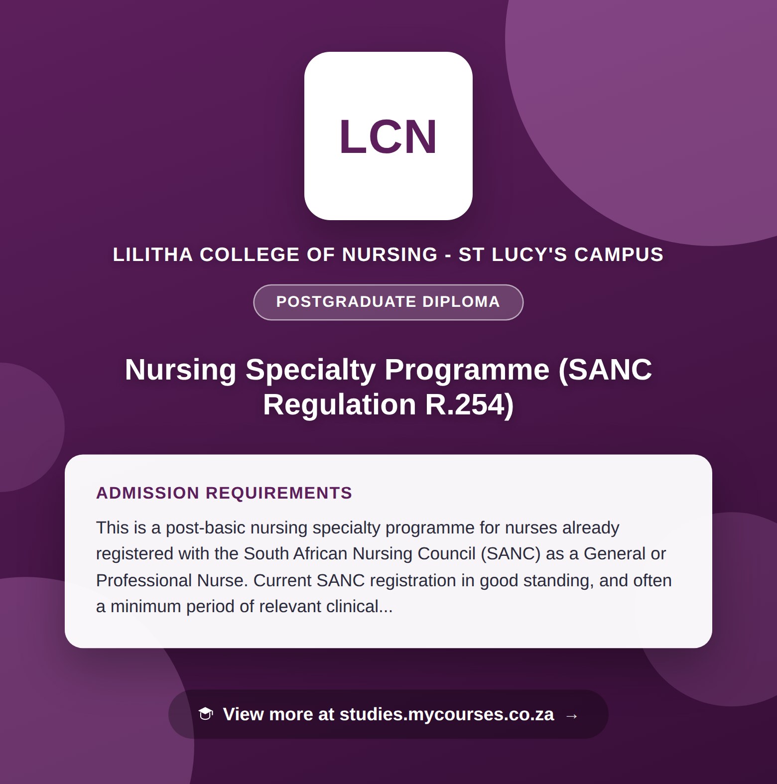 Poster showing admission requirements for the Nursing Specialty Programme (SANC Regulation R.254) postgraduate diploma at Lilitha College of Nursing - St Lucy's Campus, with a link to studies.mycourses.co.za