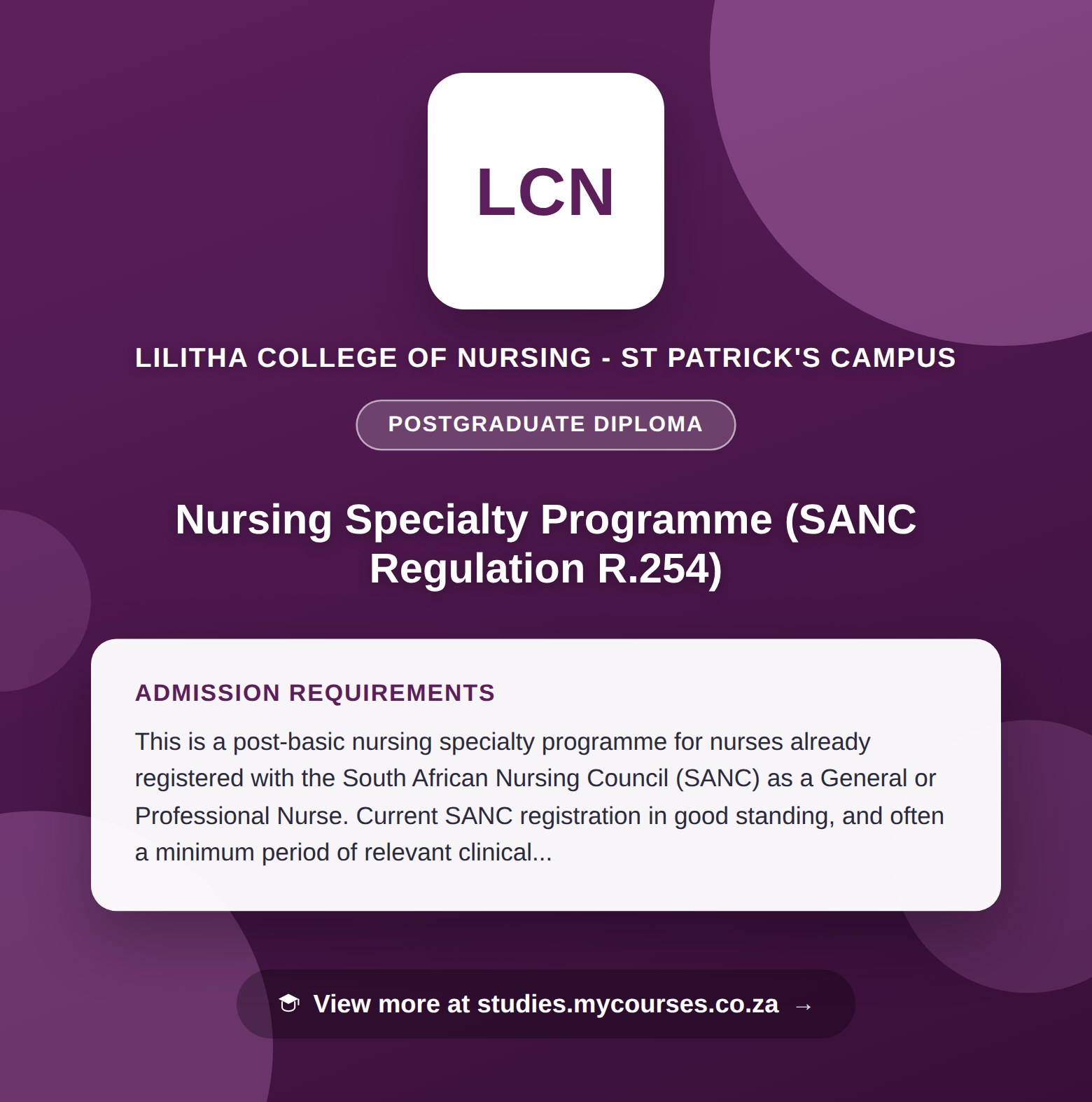 Poster showing admission requirements for the Nursing Specialty Programme (SANC Regulation R.254) postgraduate diploma at Lilitha College of Nursing - St Patrick's Campus, with a link to studies.mycourses.co.za