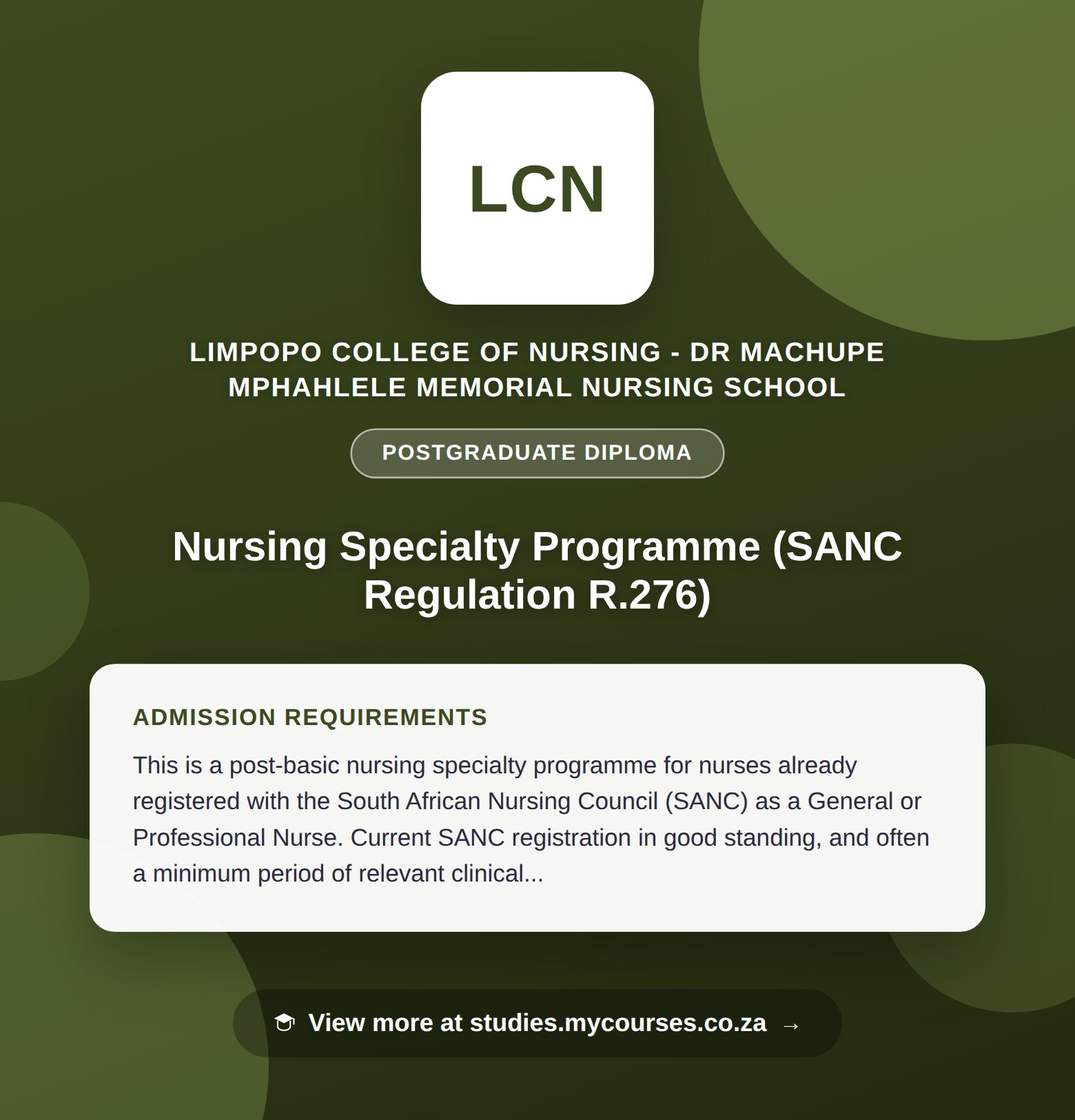 Poster showing admission requirements for the Nursing Specialty Programme (SANC Regulation R.276) postgraduate diploma at Limpopo College of Nursing - Dr Machupe Mphahlele Memorial Nursing School, with a link to studies.mycourses.co.za